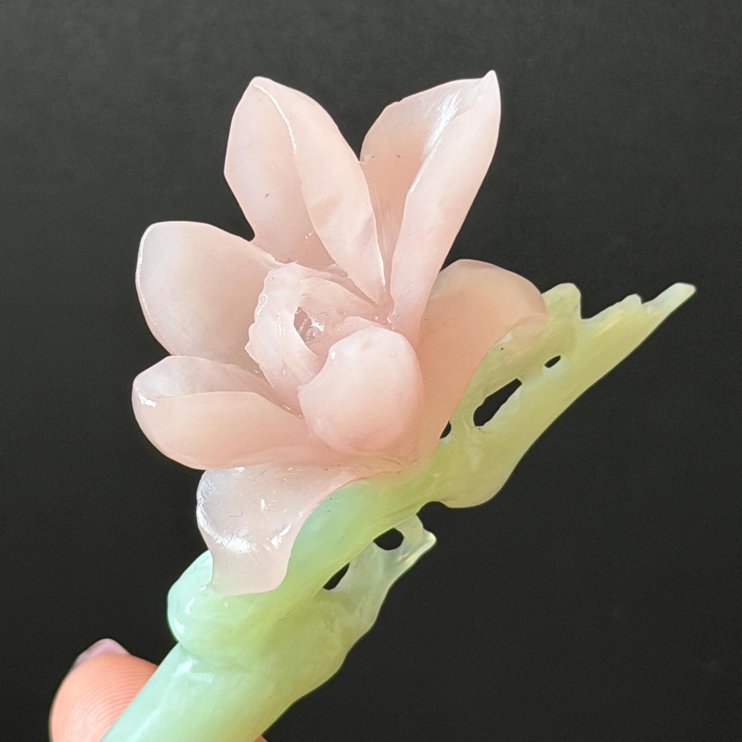 Xiu Jade Serpentine Hand Carved Pink Lotus Flower Hair Pin: Natural Pink & Green Jade Handcrafted Hair Stick 3D stone carving Hair Jewelry | Asian Chinese Vintage Hanfu Hair Fork gift for her pink jade carving green jade flower carving yulan carving hand engraved yulan hairpins japanese hair stick korean hair pins vinatge hair fork chinese hair comb antique hairpins wedding headpiece engagement hair jewelry bridal shower gift bridal hair accessory 3D stone carving