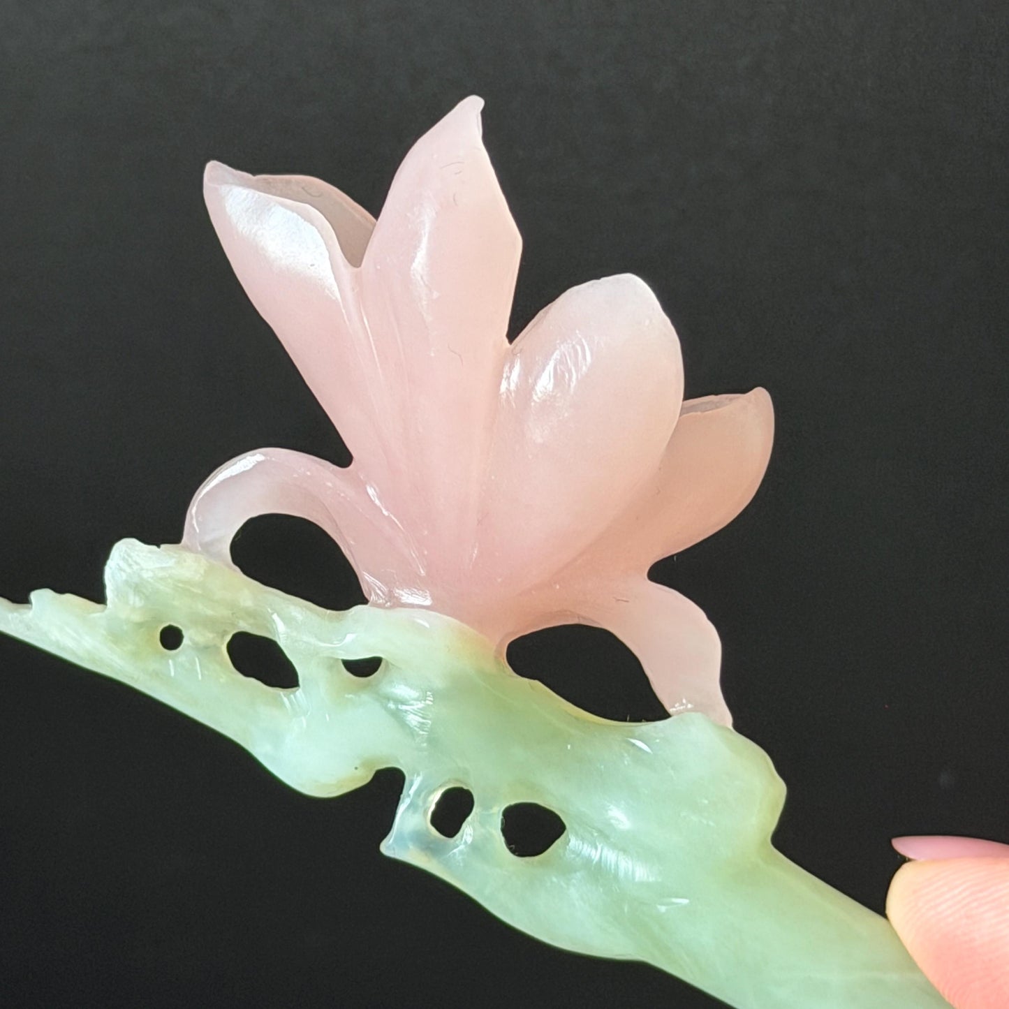 Xiu Jade Serpentine Hand Carved Pink Lotus Flower Hair Pin: Natural Pink & Green Jade Handcrafted Hair Stick 3D stone carving Hair Jewelry | Asian Chinese Vintage Hanfu Hair Fork gift for her pink jade carving green jade flower carving yulan carving hand engraved yulan hairpins japanese hair stick korean hair pins vinatge hair fork chinese hair comb antique hairpins wedding headpiece engagement hair jewelry bridal shower gift bridal hair accessory 3D stone carving