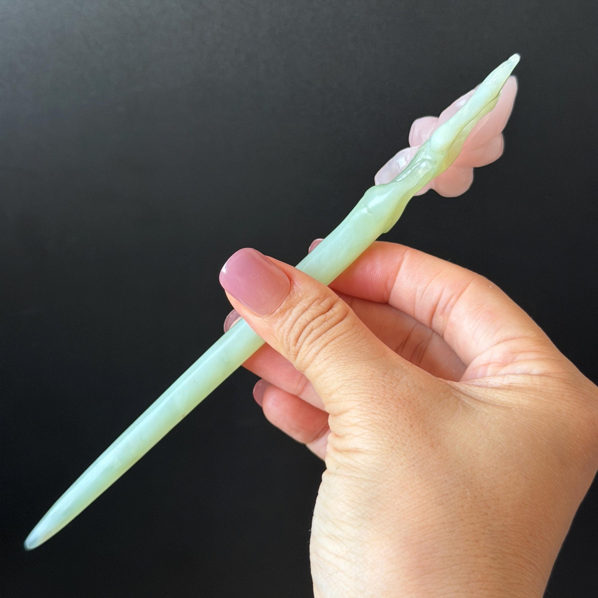 Xiu Jade Serpentine Hand Carved Pink Lotus Flower Hair Pin: Natural Pink & Green Jade Handcrafted Hair Stick 3D stone carving Hair Jewelry | Asian Chinese Vintage Hanfu Hair Fork gift for her pink jade carving green jade flower carving yulan carving hand engraved yulan hairpins japanese hair stick korean hair pins vinatge hair fork chinese hair comb antique hairpins wedding headpiece engagement hair jewelry bridal shower gift bridal hair accessory 3D stone carving