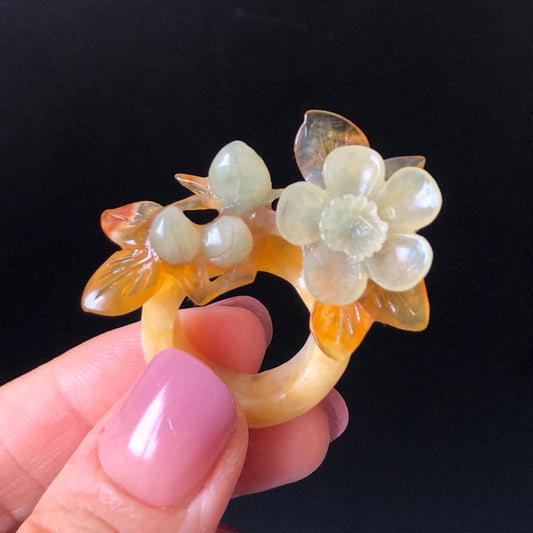 Xiu Jade (Serpentine) Hand Carved Plum Blossom Flower Ring 16.1mm (US 5.5): Natural Multicolour White Brown Blue Jade Statement Ring 3D stone carving Band Ring gift for her blue jade carving green jade white jade brown jade multicolour jade flower carving plum blossom carving hand engraved statement ring hand carved flower natural untreated jade handcrafted jade ring 3D carving Stone carving Gemstone Carving flower Lover gift jade cocktail ring jade band ring handcrafted jade stackable ring