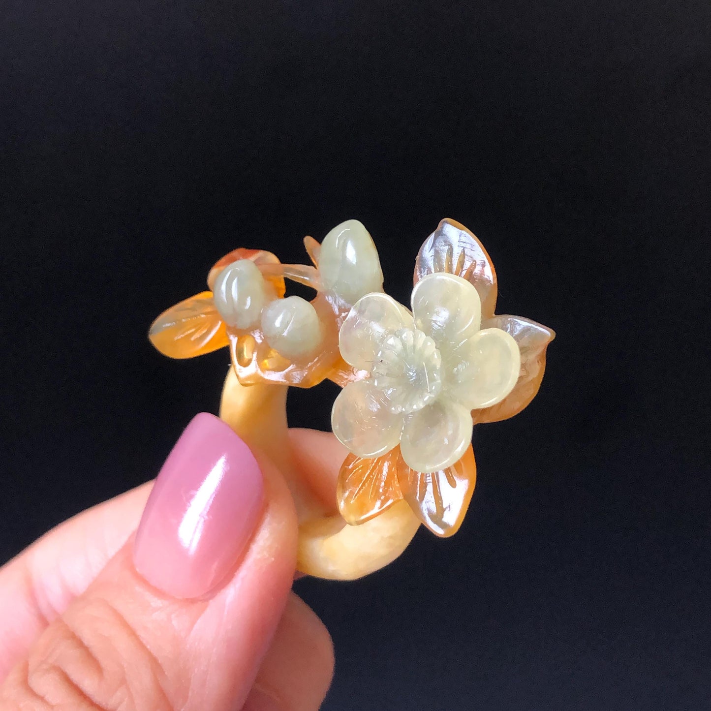 Xiu Jade (Serpentine) Hand Carved Plum Blossom Flower Ring 16.1mm (US 5.5): Natural Multicolour White Brown Blue Jade Statement Ring 3D stone carving Band Ring gift for her blue jade carving green jade white jade brown jade multicolour jade flower carving plum blossom carving hand engraved statement ring hand carved flower natural untreated jade handcrafted jade ring 3D carving Stone carving Gemstone Carving flower Lover gift jade cocktail ring jade band ring handcrafted jade stackable ring