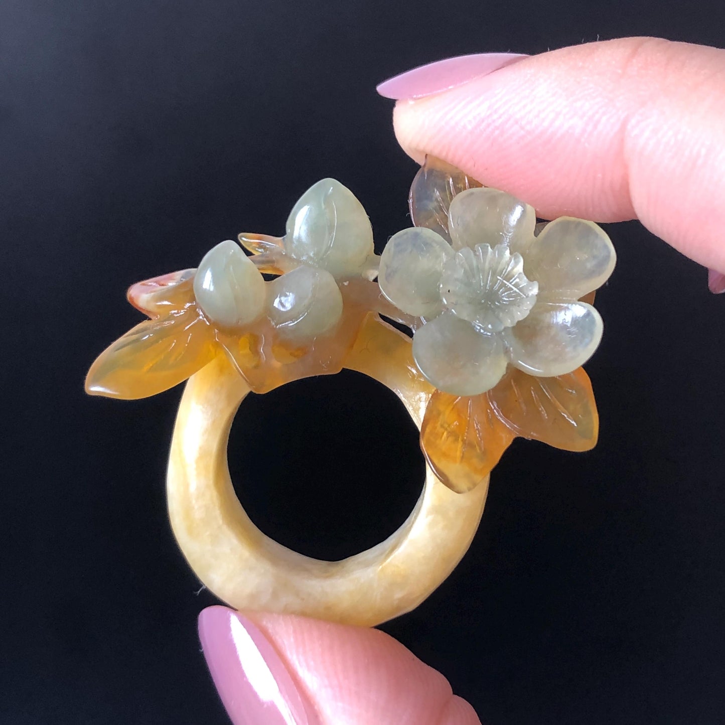 Xiu Jade (Serpentine) Hand Carved Plum Blossom Flower Ring 16.1mm (US 5.5): Natural Multicolour White Brown Blue Jade Statement Ring 3D stone carving Band Ring gift for her blue jade carving green jade white jade brown jade multicolour jade flower carving plum blossom carving hand engraved statement ring hand carved flower natural untreated jade handcrafted jade ring 3D carving Stone carving Gemstone Carving flower Lover gift jade cocktail ring jade band ring handcrafted jade stackable ring