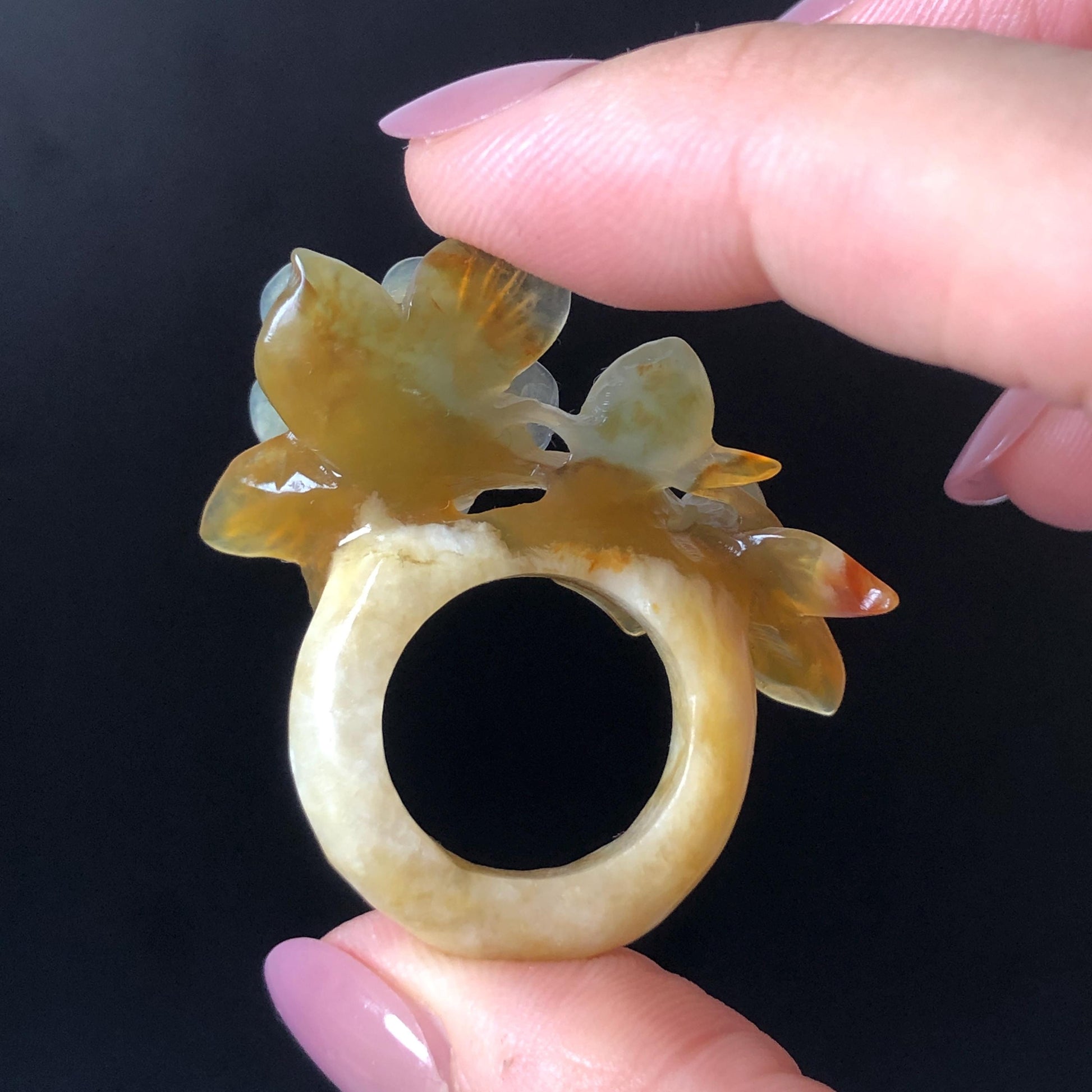 Xiu Jade (Serpentine) Hand Carved Plum Blossom Flower Ring 16.1mm (US 5.5): Natural Multicolour White Brown Blue Jade Statement Ring 3D stone carving Band Ring gift for her blue jade carving green jade white jade brown jade multicolour jade flower carving plum blossom carving hand engraved statement ring hand carved flower natural untreated jade handcrafted jade ring 3D carving Stone carving Gemstone Carving flower Lover gift jade cocktail ring jade band ring handcrafted jade stackable ring