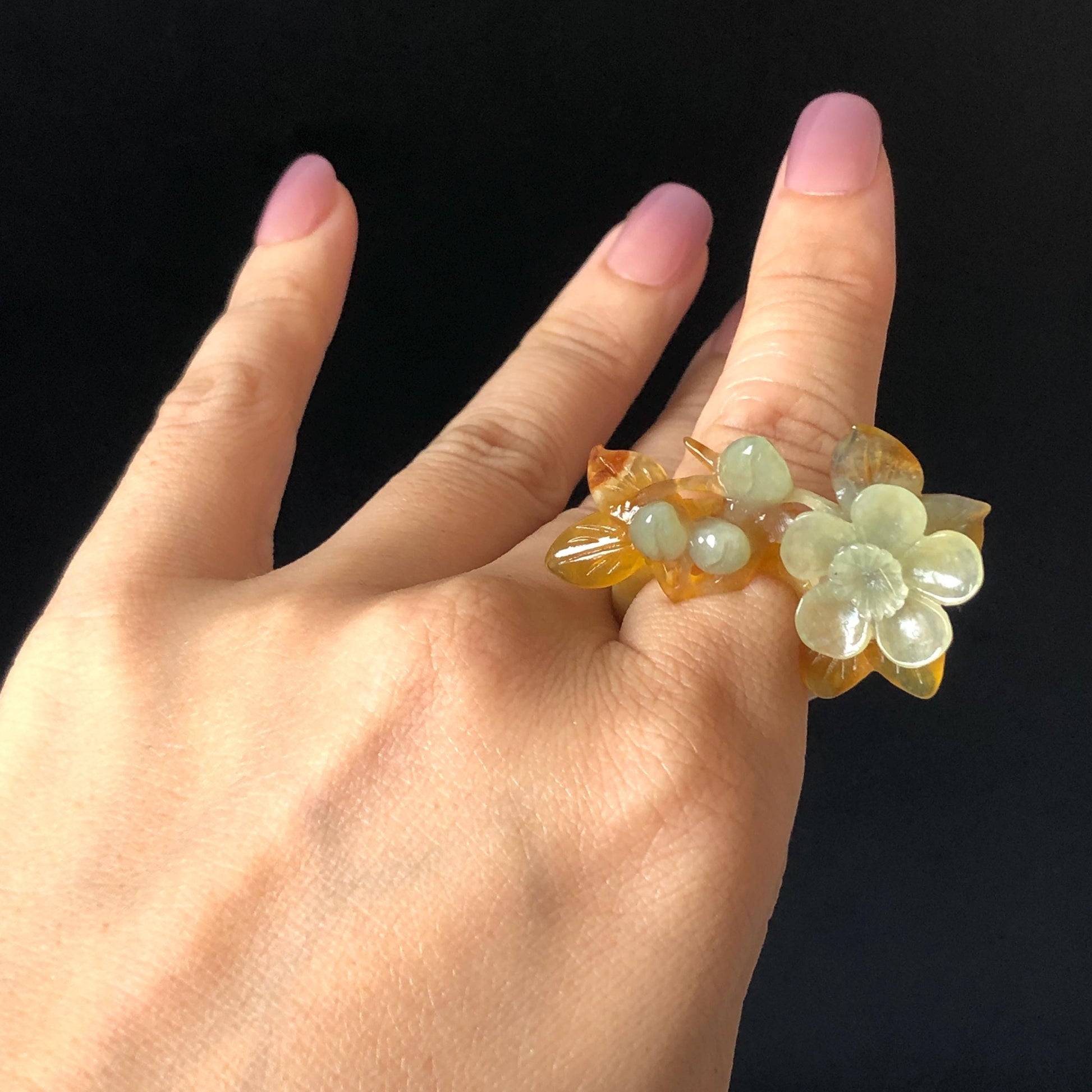 Xiu Jade (Serpentine) Hand Carved Plum Blossom Flower Ring 16.1mm (US 5.5): Natural Multicolour White Brown Blue Jade Statement Ring 3D stone carving Band Ring gift for her blue jade carving green jade white jade brown jade multicolour jade flower carving plum blossom carving hand engraved statement ring hand carved flower natural untreated jade handcrafted jade ring 3D carving Stone carving Gemstone Carving flower Lover gift jade cocktail ring jade band ring handcrafted jade stackable ring