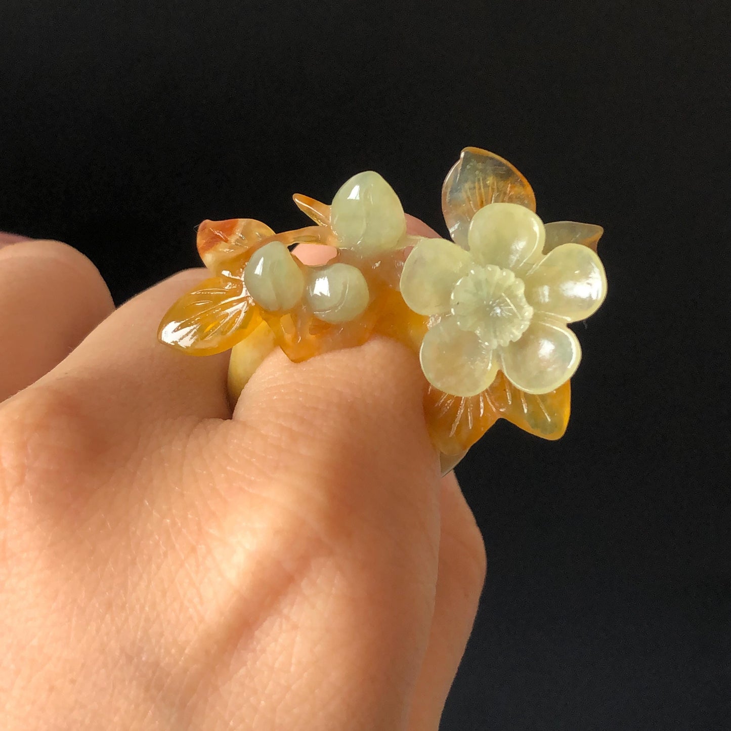 Xiu Jade (Serpentine) Hand Carved Plum Blossom Flower Ring 16.1mm (US 5.5): Natural Multicolour White Brown Blue Jade Statement Ring 3D stone carving Band Ring gift for her blue jade carving green jade white jade brown jade multicolour jade flower carving plum blossom carving hand engraved statement ring hand carved flower natural untreated jade handcrafted jade ring 3D carving Stone carving Gemstone Carving flower Lover gift jade cocktail ring jade band ring handcrafted jade stackable ring