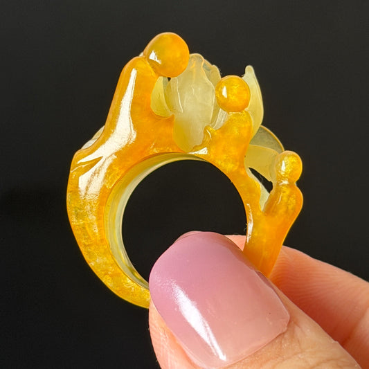 Natural Xiu Jade (Serpentine) Hand Carved Enlightenment Statement Ring 17.2mm (US 7): Lotus and Monks Bicolor White Orange Jade 3D stone carving  Band Ring gift for her orange jade carving white jade brown jade multicolour jade flower carving lotus carving hand engraved statement ring hand carved flower natural untreated jade handcrafted jade ring 3D jade carving Stone carving Gemstone Carving flower Lover gift jade cocktail ring jade band ring handcrafted jade stackable ring