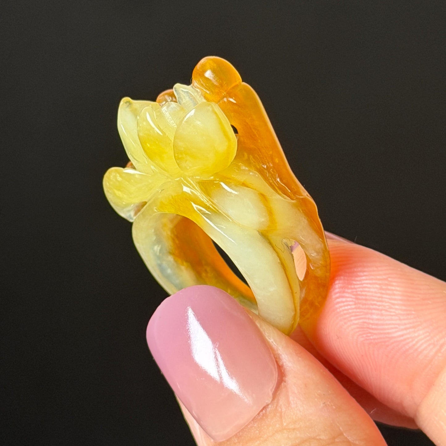 Natural Xiu Jade (Serpentine) Hand Carved Enlightenment Statement Ring 17.2mm (US 7): Lotus and Monks Bicolor White Orange Jade 3D stone carving  Band Ring gift for her orange jade carving white jade brown jade multicolour jade flower carving lotus carving hand engraved statement ring hand carved flower natural untreated jade handcrafted jade ring 3D jade carving Stone carving Gemstone Carving flower Lover gift jade cocktail ring jade band ring handcrafted jade stackable ring