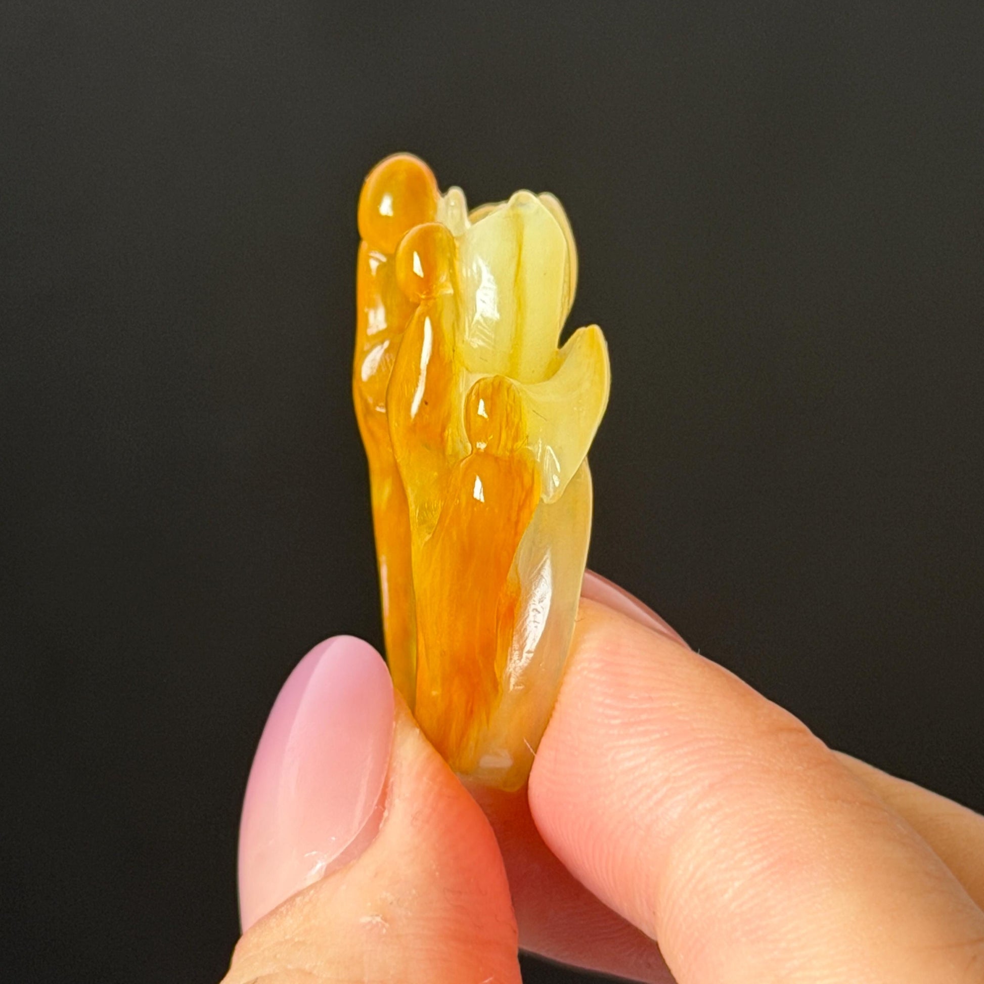 Natural Xiu Jade (Serpentine) Hand Carved Enlightenment Statement Ring 17.2mm (US 7): Lotus and Monks Bicolor White Orange Jade 3D stone carving  Band Ring gift for her orange jade carving white jade brown jade multicolour jade flower carving lotus carving hand engraved statement ring hand carved flower natural untreated jade handcrafted jade ring 3D jade carving Stone carving Gemstone Carving flower Lover gift jade cocktail ring jade band ring handcrafted jade stackable ring