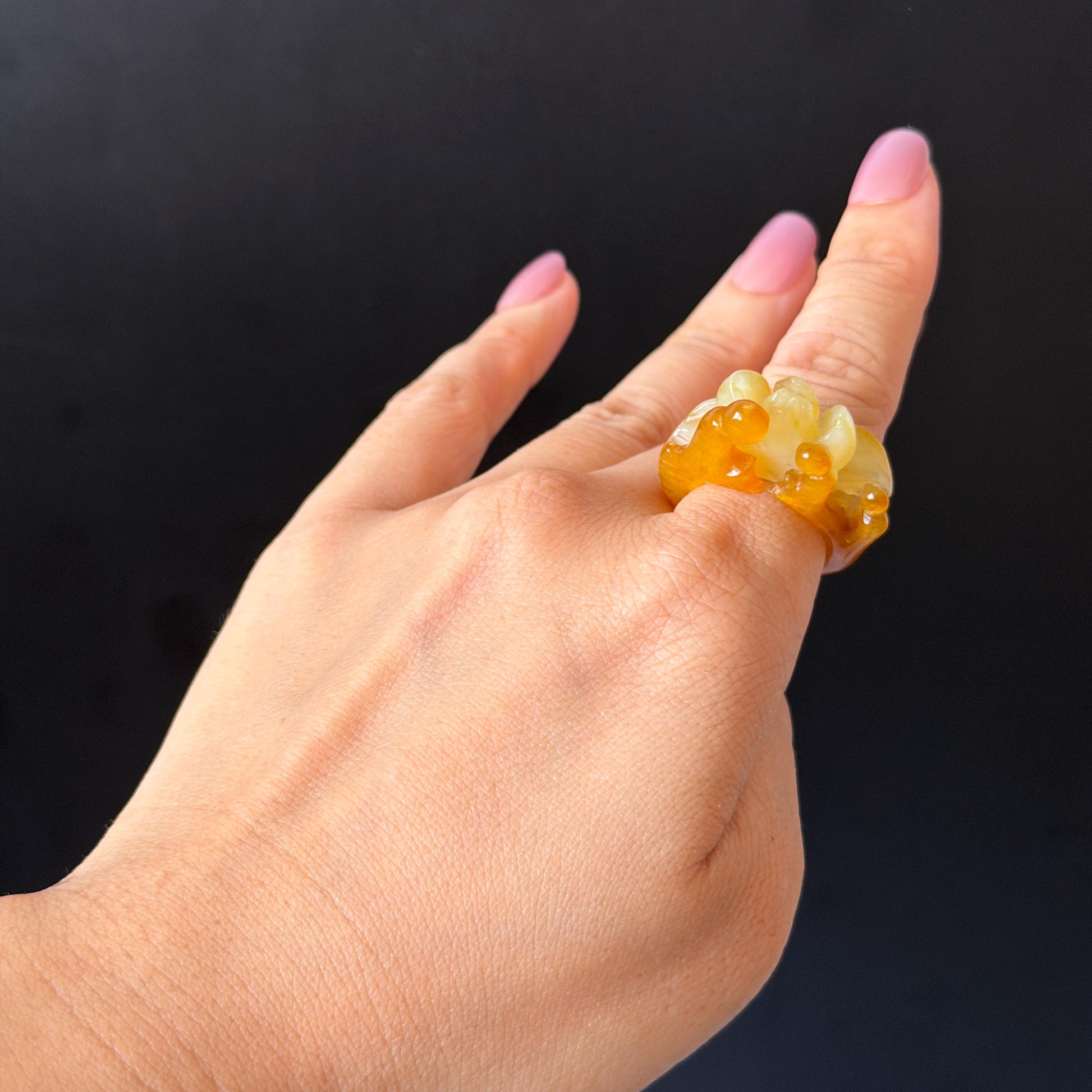 Natural Xiu Jade (Serpentine) Hand Carved Enlightenment Statement Ring 17.2mm (US 7): Lotus and Monks Bicolor White Orange Jade 3D stone carving  Band Ring gift for her orange jade carving white jade brown jade multicolour jade flower carving lotus carving hand engraved statement ring hand carved flower natural untreated jade handcrafted jade ring 3D jade carving Stone carving Gemstone Carving flower Lover gift jade cocktail ring jade band ring handcrafted jade stackable ring
