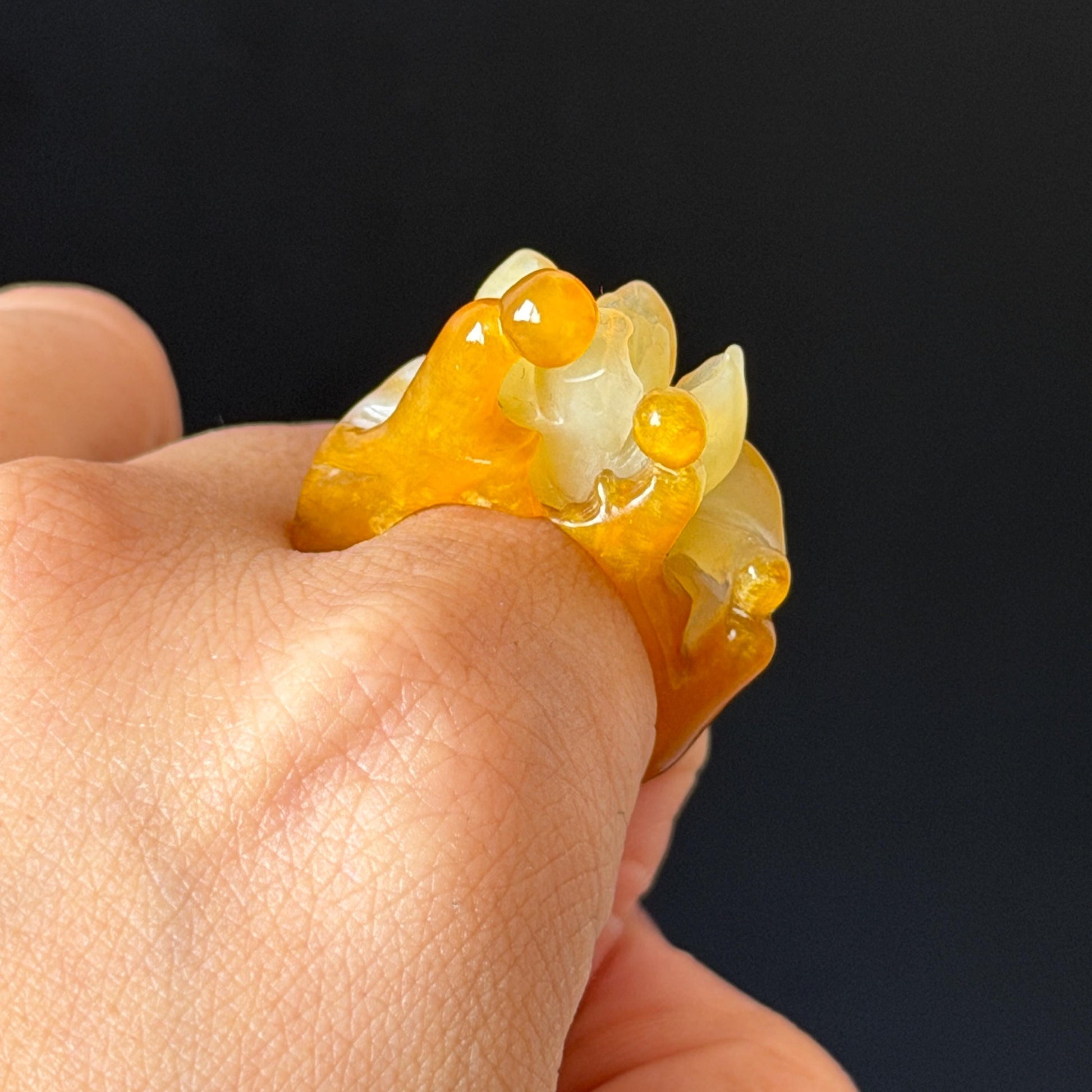 Natural Xiu Jade (Serpentine) Hand Carved Enlightenment Statement Ring 17.2mm (US 7): Lotus and Monks Bicolor White Orange Jade 3D stone carving  Band Ring gift for her orange jade carving white jade brown jade multicolour jade flower carving lotus carving hand engraved statement ring hand carved flower natural untreated jade handcrafted jade ring 3D jade carving Stone carving Gemstone Carving flower Lover gift jade cocktail ring jade band ring handcrafted jade stackable ring