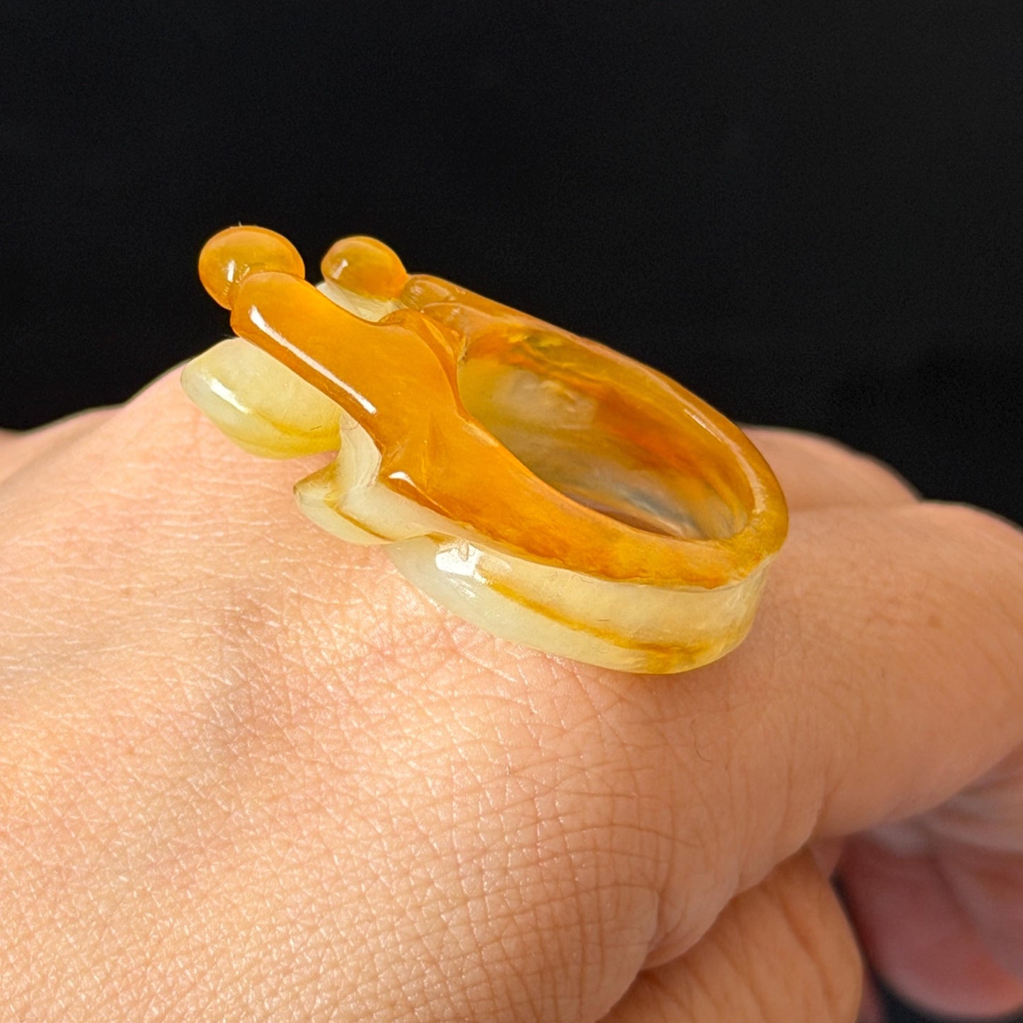 Natural Xiu Jade (Serpentine) Hand Carved Enlightenment Statement Ring 17.2mm (US 7): Lotus and Monks Bicolor White Orange Jade 3D stone carving  Band Ring gift for her orange jade carving white jade brown jade multicolour jade flower carving lotus carving hand engraved statement ring hand carved flower natural untreated jade handcrafted jade ring 3D jade carving Stone carving Gemstone Carving flower Lover gift jade cocktail ring jade band ring handcrafted jade stackable ring