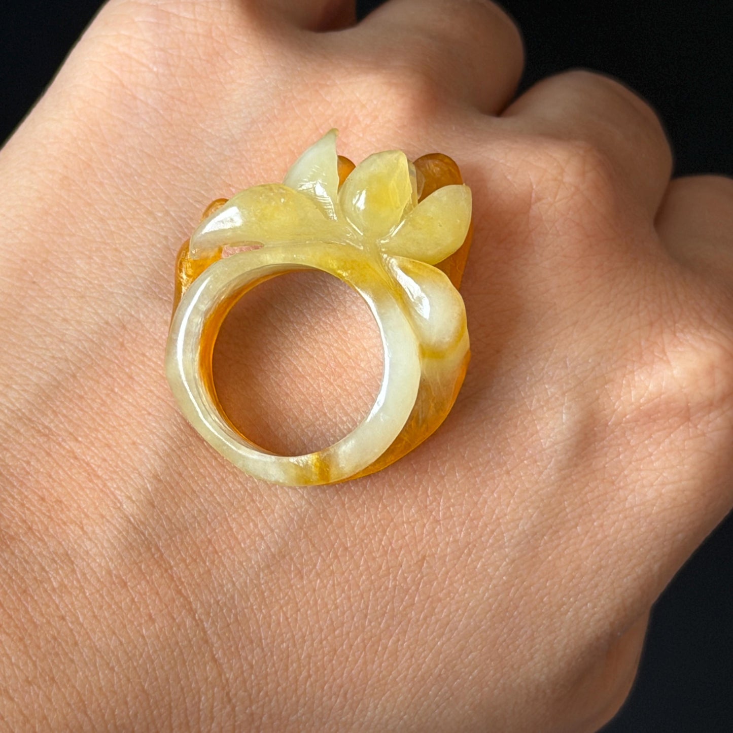 Natural Xiu Jade (Serpentine) Hand Carved Enlightenment Statement Ring 17.2mm (US 7): Lotus and Monks Bicolor White Orange Jade 3D stone carving  Band Ring gift for her orange jade carving white jade brown jade multicolour jade flower carving lotus carving hand engraved statement ring hand carved flower natural untreated jade handcrafted jade ring 3D jade carving Stone carving Gemstone Carving flower Lover gift jade cocktail ring jade band ring handcrafted jade stackable ring