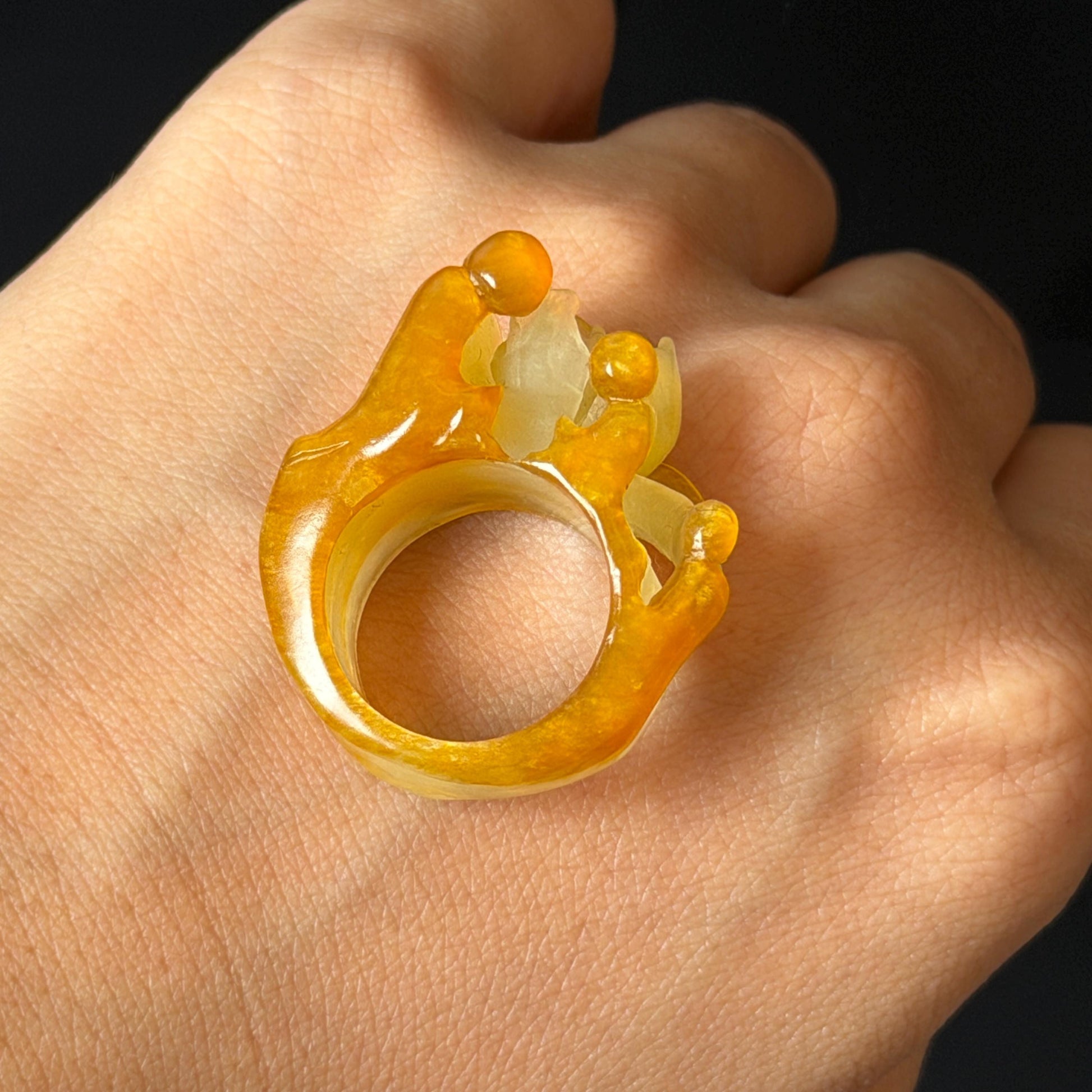 Natural Xiu Jade (Serpentine) Hand Carved Enlightenment Statement Ring 17.2mm (US 7): Lotus and Monks Bicolor White Orange Jade 3D stone carving  Band Ring gift for her orange jade carving white jade brown jade multicolour jade flower carving lotus carving hand engraved statement ring hand carved flower natural untreated jade handcrafted jade ring 3D jade carving Stone carving Gemstone Carving flower Lover gift jade cocktail ring jade band ring handcrafted jade stackable ring