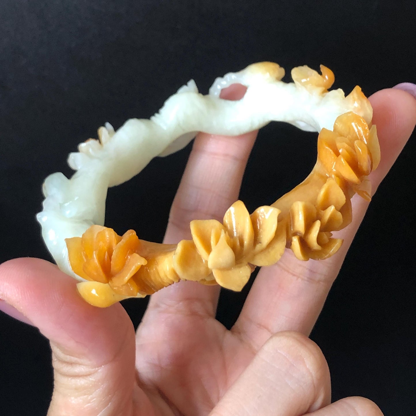 54.2mm Xiu Jade Serpentine Hand Carved Peach Blossom Flowers Bangle: Natural Yellow White Jade Handcrafted Bracelet with certificate