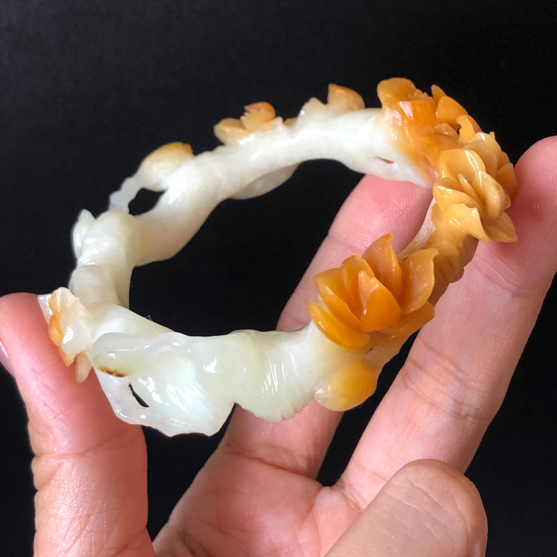 54.2mm Xiu Jade Serpentine Hand Carved Peach Blossom Flowers Bangle: Natural Yellow White Jade Handcrafted Bracelet, Stone Carving Gemstone Jewelry Gift for her yellow jade white Jade carving 3D stone carving flower bracelet peach blossom bracelet flower carving handcrafted bangle chinese jade flower lover gift vintage bangle antique bracelet multicolor jade bicolour jade with certificate certified natural untreated jade women jade bracelet hand engraved stone bangle