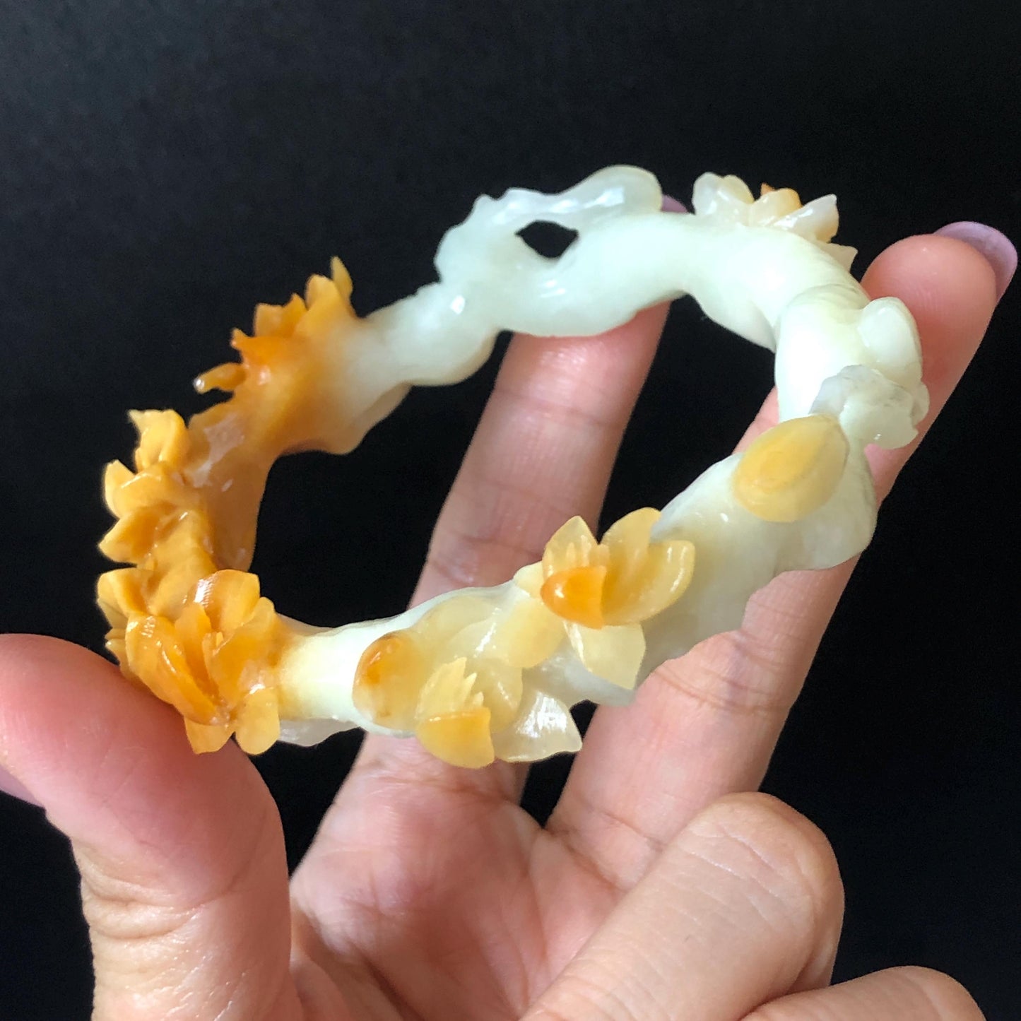 54.2mm Xiu Jade Serpentine Hand Carved Peach Blossom Flowers Bangle: Natural Yellow White Jade Handcrafted Bracelet, Stone Carving Gemstone Jewelry Gift for her yellow jade white Jade carving 3D stone carving flower bracelet peach blossom bracelet flower carving handcrafted bangle chinese jade flower lover gift vintage bangle antique bracelet multicolor jade bicolour jade with certificate certified natural untreated jade women jade bracelet hand engraved stone bangle