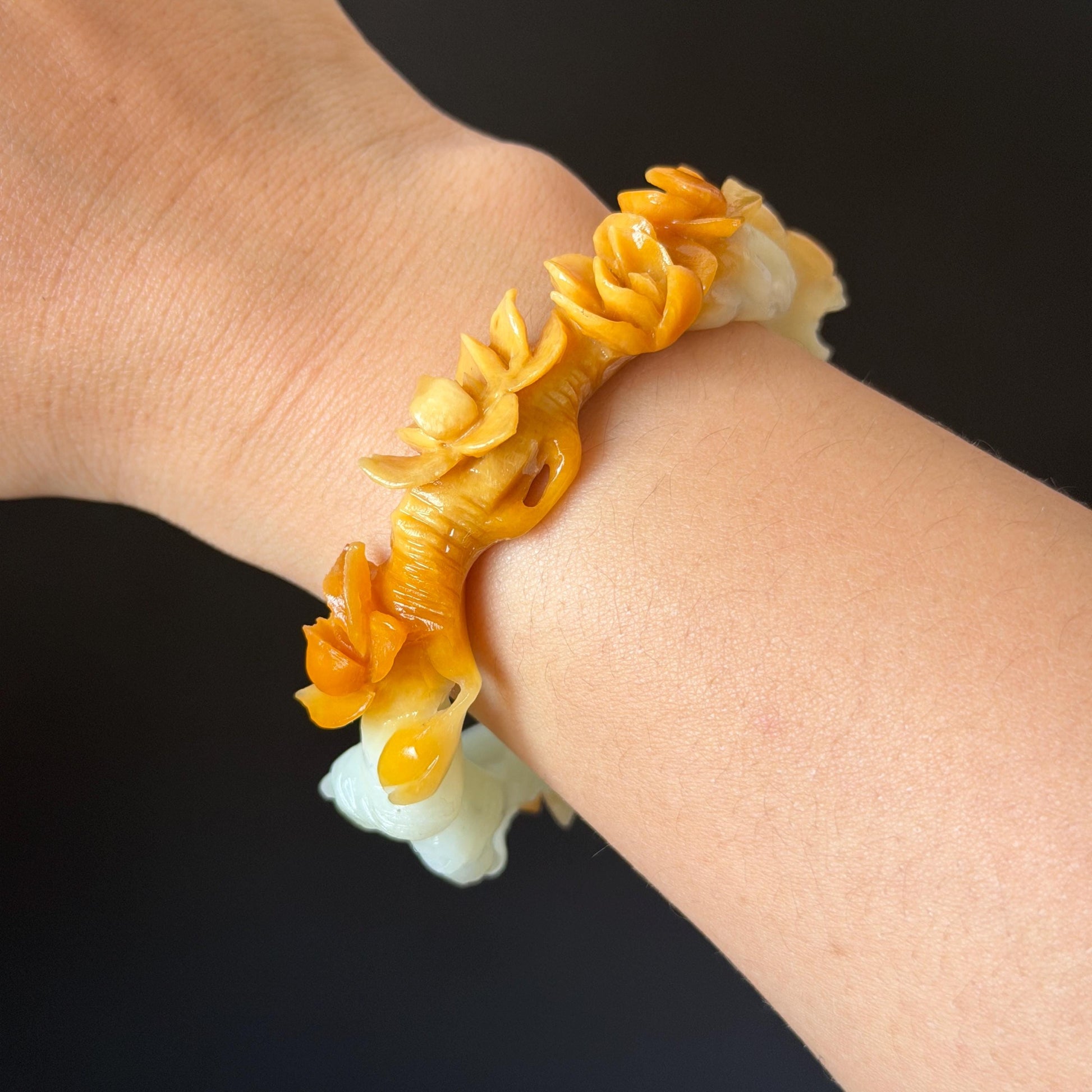 54.2mm Xiu Jade Serpentine Hand Carved Peach Blossom Flowers Bangle: Natural Yellow White Jade Handcrafted Bracelet, Stone Carving Gemstone Jewelry Gift for her yellow jade white Jade carving 3D stone carving flower bracelet peach blossom bracelet flower carving handcrafted bangle chinese jade flower lover gift vintage bangle antique bracelet multicolor jade bicolour jade with certificate certified natural untreated jade women jade bracelet hand engraved stone bangle