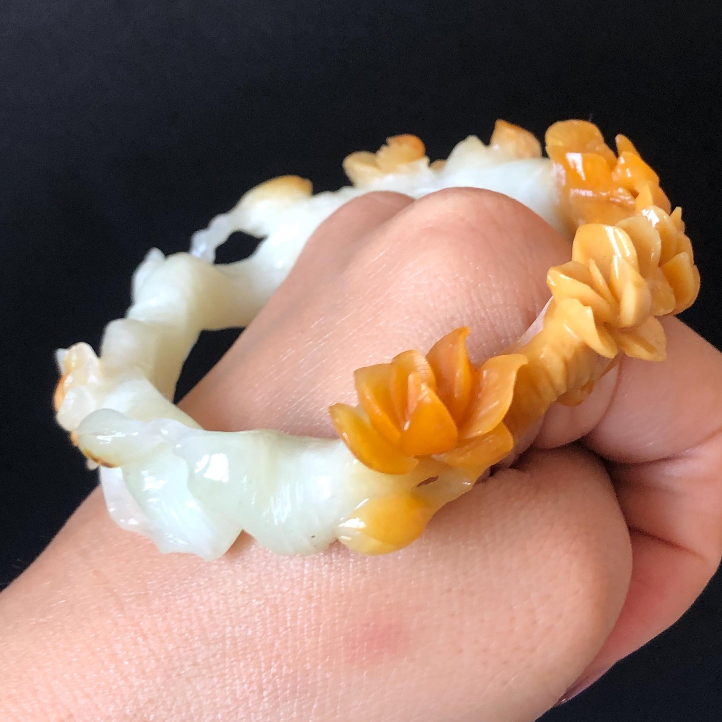 54.2mm Xiu Jade Serpentine Hand Carved Peach Blossom Flowers Bangle: Natural Yellow White Jade Handcrafted Bracelet with certificate