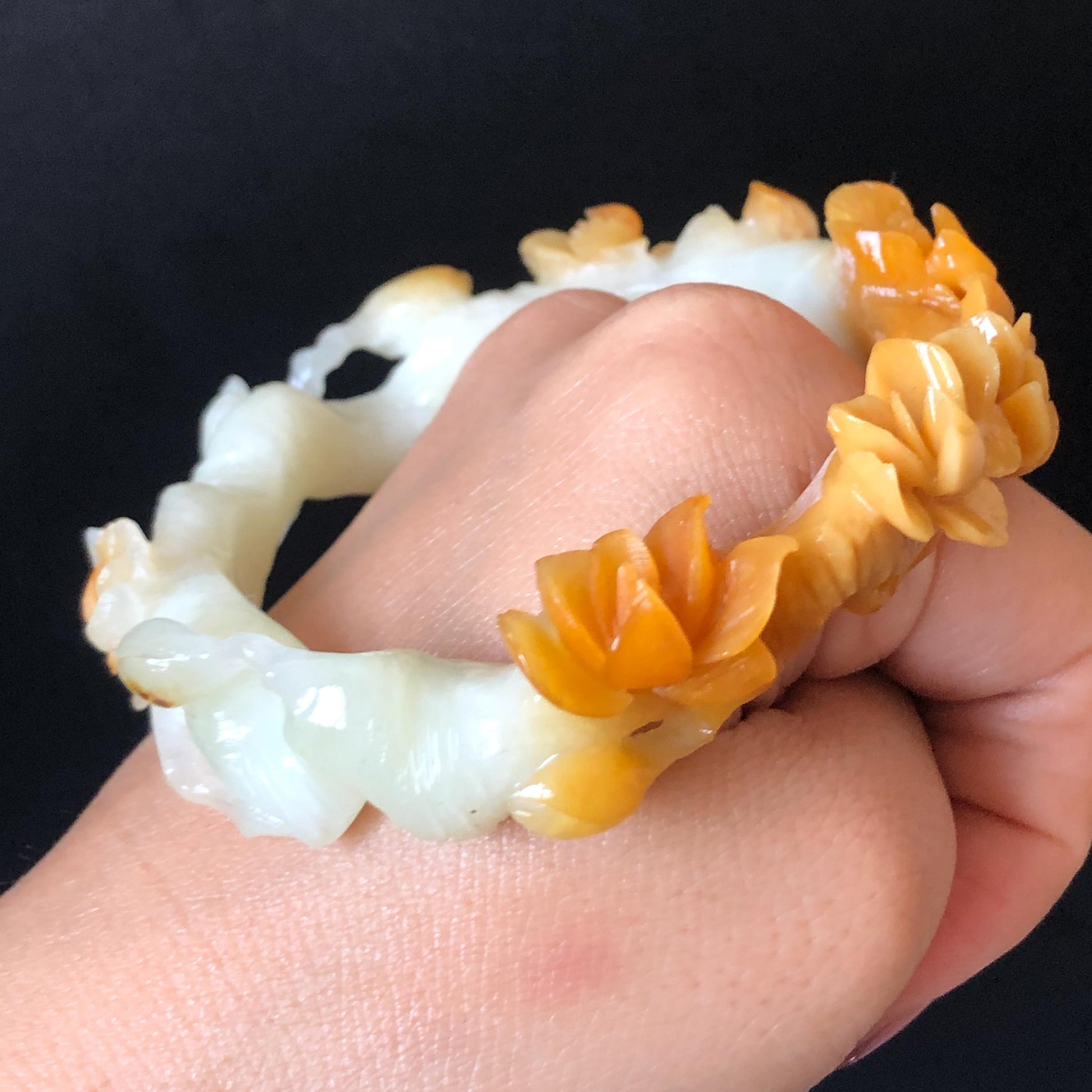 54.2mm Xiu Jade Serpentine Hand Carved Peach Blossom Flowers Bangle: Natural Yellow White Jade Handcrafted Bracelet with certificate