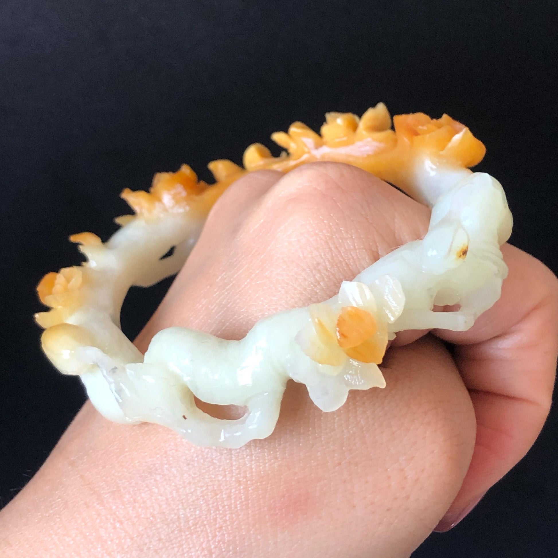 54.2mm Xiu Jade Serpentine Hand Carved Peach Blossom Flowers Bangle: Natural Yellow White Jade Handcrafted Bracelet with certificate
