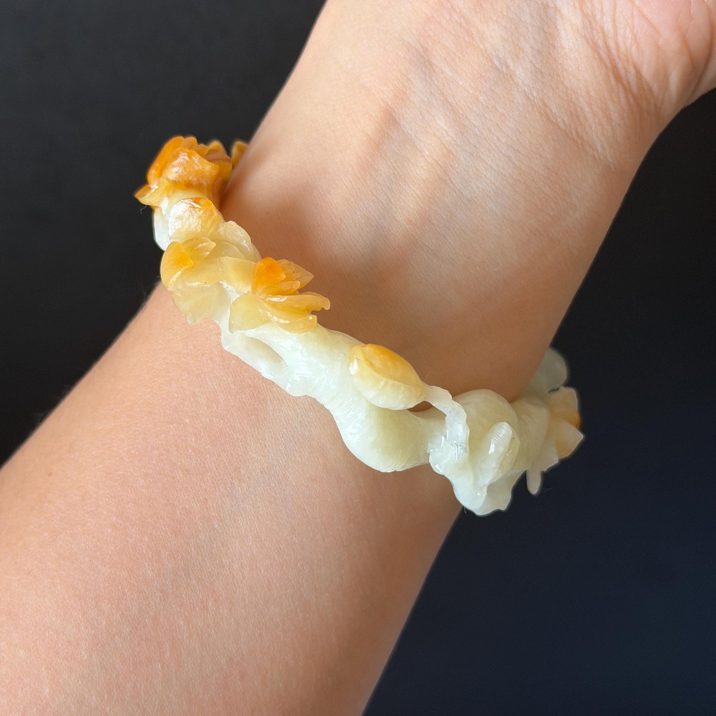 54.2mm Xiu Jade Serpentine Hand Carved Peach Blossom Flowers Bangle: Natural Yellow White Jade Handcrafted Bracelet, Stone Carving Gemstone Jewelry Gift for her yellow jade white Jade carving 3D stone carving flower bracelet peach blossom bracelet flower carving handcrafted bangle chinese jade flower lover gift vintage bangle antique bracelet multicolor jade bicolour jade with certificate certified natural untreated jade women jade bracelet hand engraved stone bangle