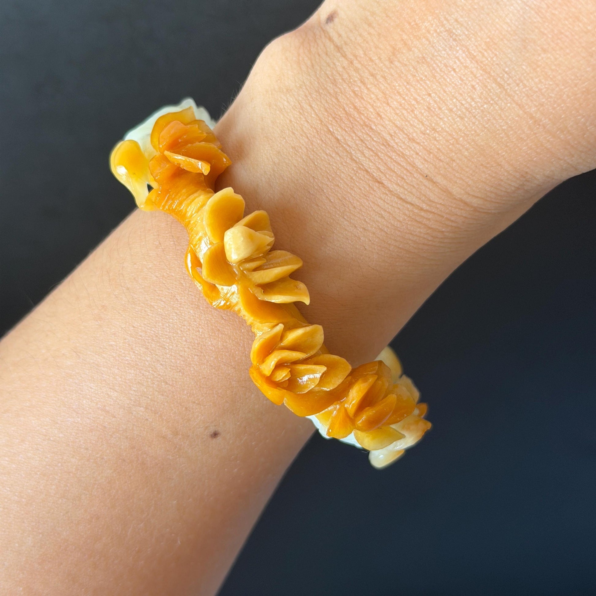 54.2mm Xiu Jade Serpentine Hand Carved Peach Blossom Flowers Bangle: Natural Yellow White Jade Handcrafted Bracelet, Stone Carving Gemstone Jewelry Gift for her yellow jade white Jade carving 3D stone carving flower bracelet peach blossom bracelet flower carving handcrafted bangle chinese jade flower lover gift vintage bangle antique bracelet multicolor jade bicolour jade with certificate certified natural untreated jade women jade bracelet hand engraved stone bangle