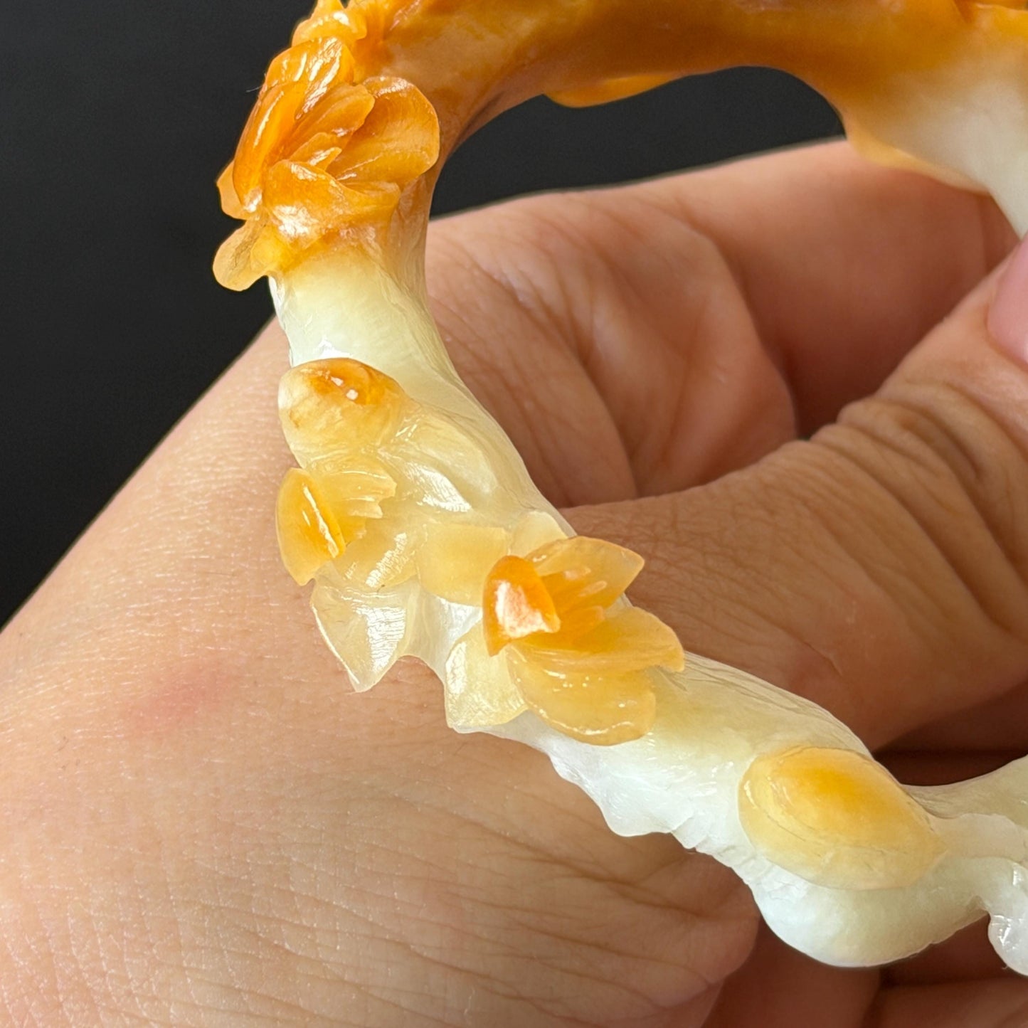 54.2mm Xiu Jade Serpentine Hand Carved Peach Blossom Flowers Bangle: Natural Yellow White Jade Handcrafted Bracelet, Stone Carving Gemstone Jewelry Gift for her yellow jade white Jade carving 3D stone carving flower bracelet peach blossom bracelet flower carving handcrafted bangle chinese jade flower lover gift vintage bangle antique bracelet multicolor jade bicolour jade with certificate certified natural untreated jade women jade bracelet hand engraved stone bangle