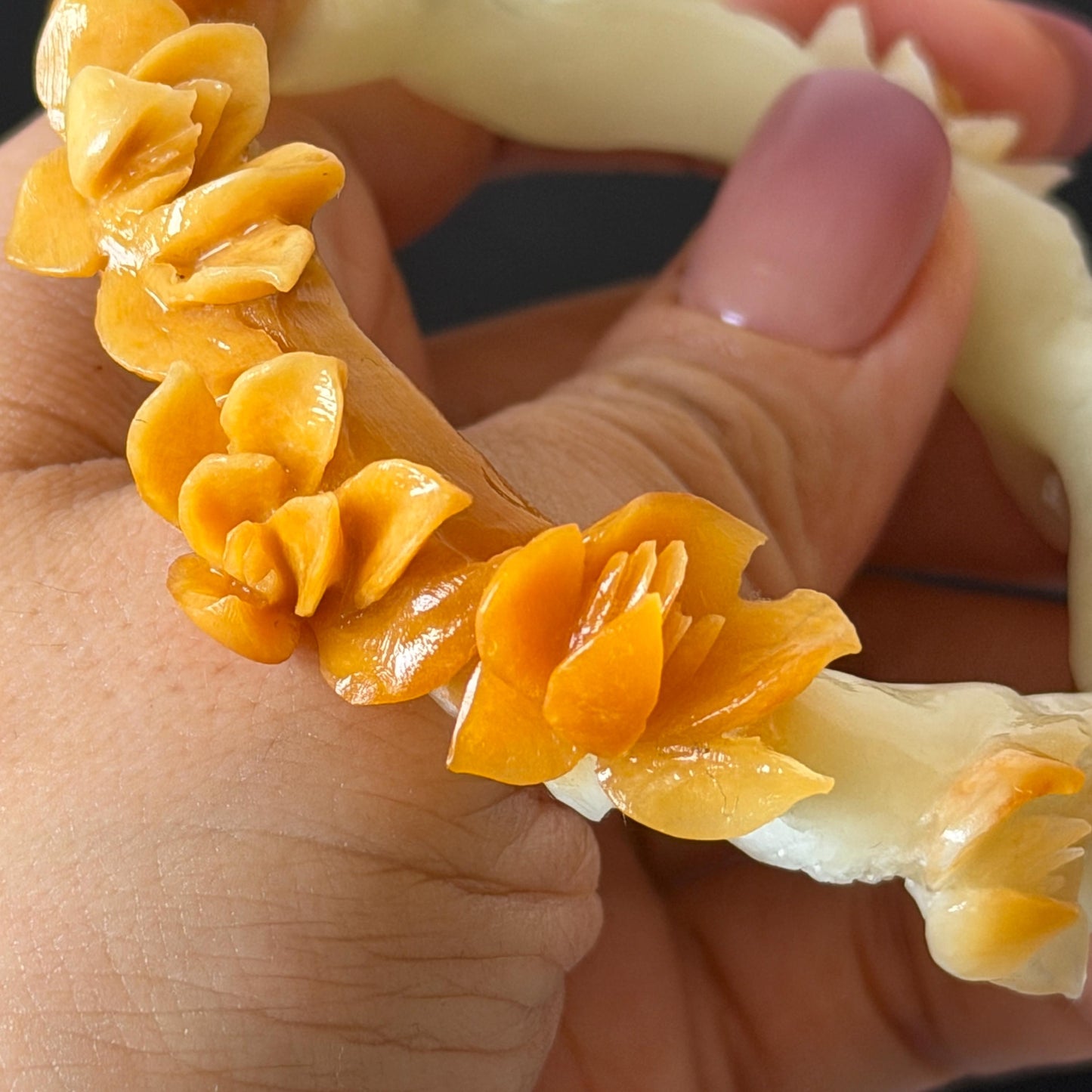 54.2mm Xiu Jade Serpentine Hand Carved Peach Blossom Flowers Bangle: Natural Yellow White Jade Handcrafted Bracelet, Stone Carving Gemstone Jewelry Gift for her yellow jade white Jade carving 3D stone carving flower bracelet peach blossom bracelet flower carving handcrafted bangle chinese jade flower lover gift vintage bangle antique bracelet multicolor jade bicolour jade with certificate certified natural untreated jade women jade bracelet hand engraved stone bangle