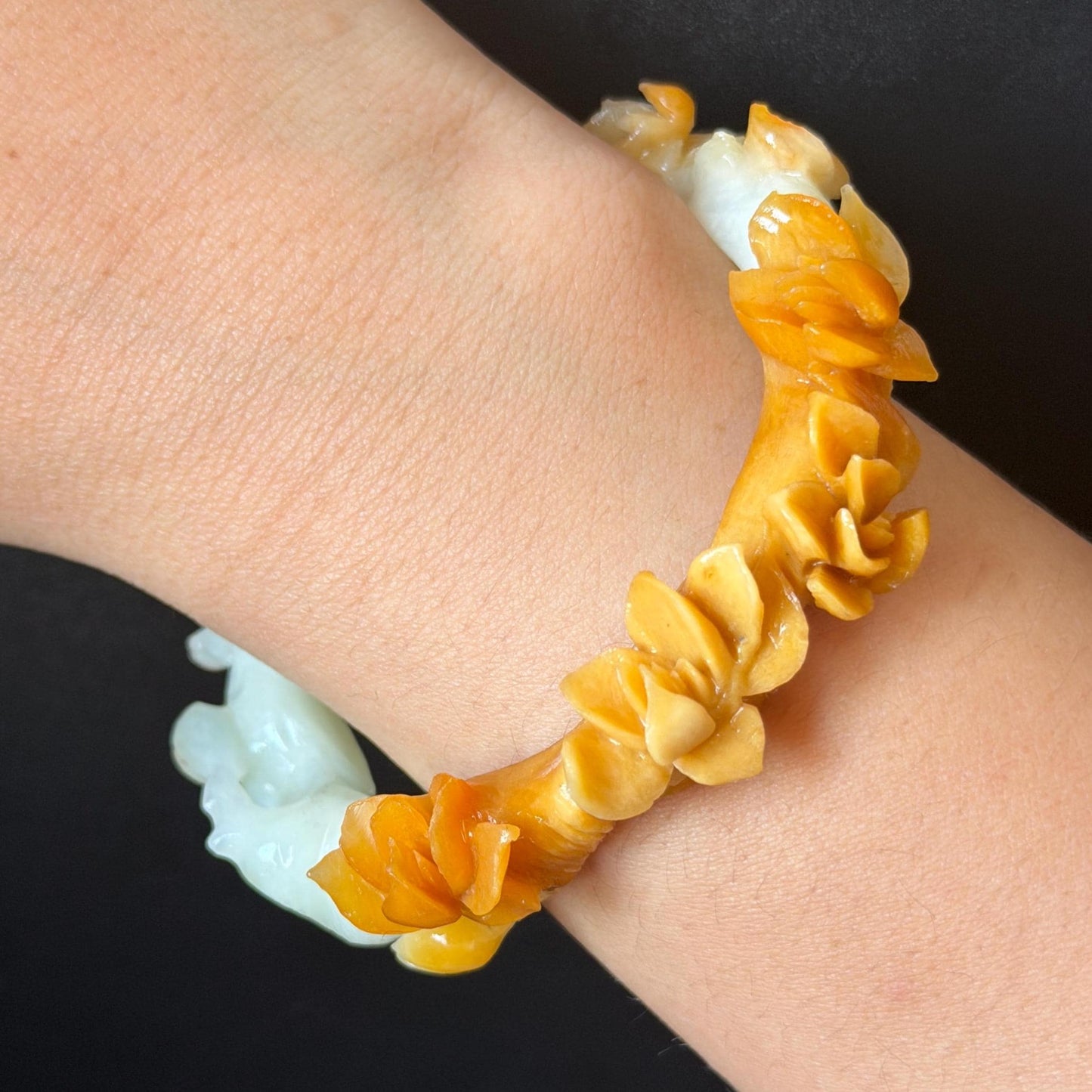 54.2mm Xiu Jade Serpentine Hand Carved Peach Blossom Flowers Bangle: Natural Yellow White Jade Handcrafted Bracelet, Stone Carving Gemstone Jewelry Gift for her yellow jade white Jade carving 3D stone carving flower bracelet peach blossom bracelet flower carving handcrafted bangle chinese jade flower lover gift vintage bangle antique bracelet multicolor jade bicolour jade with certificate certified natural untreated jade women jade bracelet hand engraved stone bangle