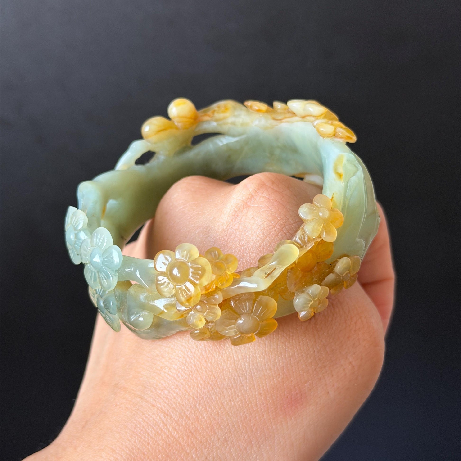54.1mm Xiu Jade Serpentine Hand Carved Plum Blossom Flower Bangle: Natural Yellow Green Jade Handcrafted Bracelet, Hollow-out style 3D Stone Carving Gemstone Jewelry  Gift for her wide jade bangle jade carving hand engraved stone carving natural untreated jade bracelet green jade yellow jade multicolour jade handcraft jade flower carving floral bracelet chinese jade vintage bangle antique bracelet