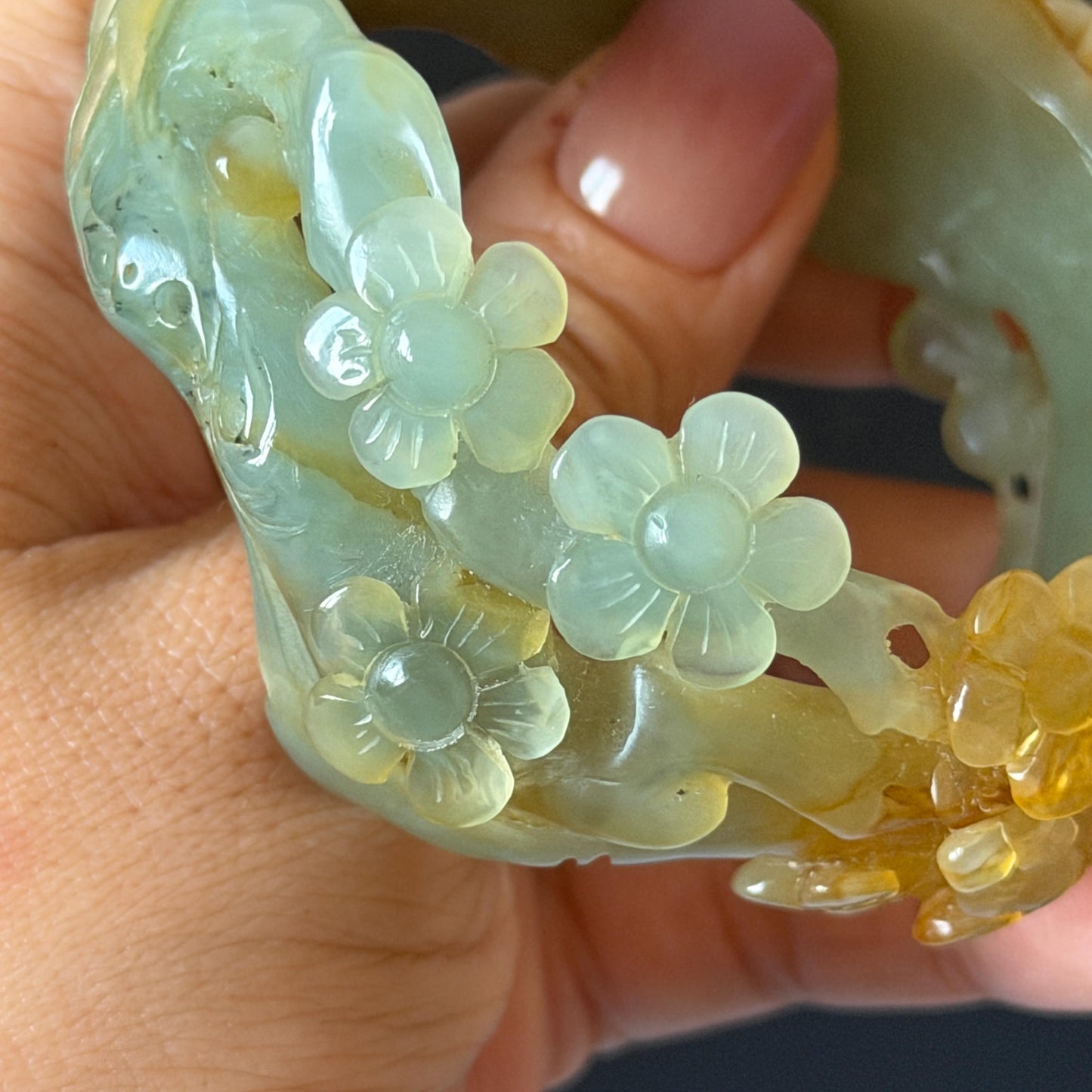 54.1mm Xiu Jade Serpentine Hand Carved Plum Blossom Flower Bangle: Natural Yellow Green Jade Handcrafted Bracelet, Hollow-out style 3D Stone Carving Gemstone Jewelry  Gift for her wide jade bangle jade carving hand engraved stone carving natural untreated jade bracelet green jade yellow jade multicolour jade handcraft jade flower carving floral bracelet chinese jade vintage bangle antique bracelet