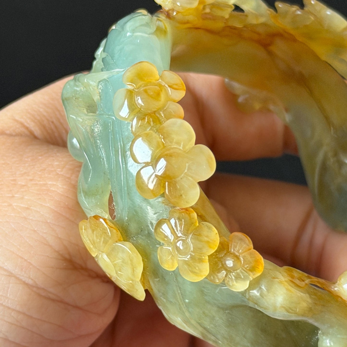 54.1mm Xiu Jade Serpentine Hand Carved Plum Blossom Flower Bangle: Natural Yellow Green Jade Handcrafted Bracelet, Hollow-out style 3D Stone Carving Gemstone Jewelry  Gift for her wide jade bangle jade carving hand engraved stone carving natural untreated jade bracelet green jade yellow jade multicolour jade handcraft jade flower carving floral bracelet chinese jade vintage bangle antique bracelet