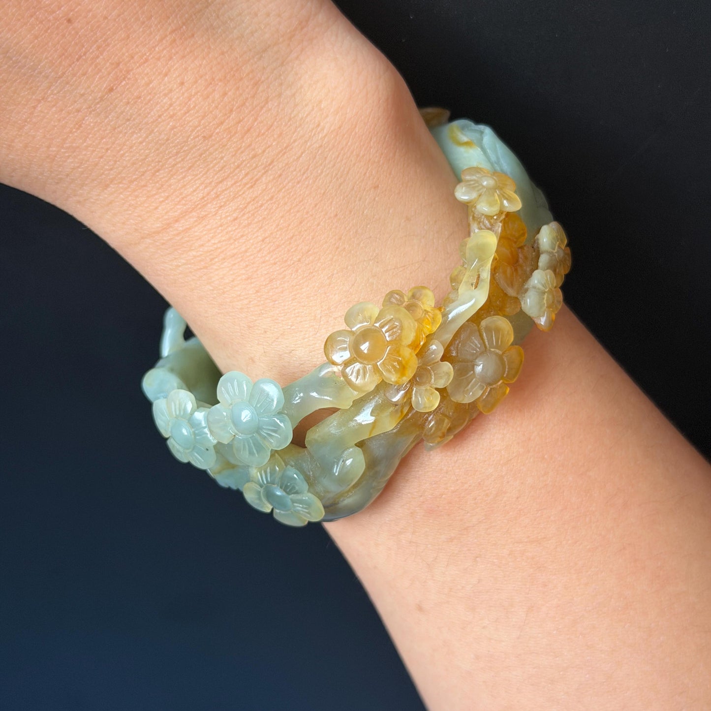 54.1mm Xiu Jade Serpentine Hand Carved Plum Blossom Flower Bangle: Natural Yellow Green Jade Handcrafted Bracelet, Hollow-out style 3D Stone Carving Gemstone Jewelry  Gift for her wide jade bangle jade carving hand engraved stone carving natural untreated jade bracelet green jade yellow jade multicolour jade handcraft jade flower carving floral bracelet chinese jade vintage bangle antique bracelet