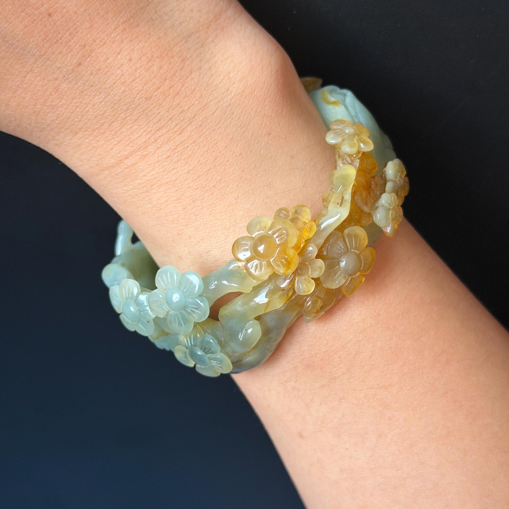 54.1mm Xiu Jade Serpentine Hand Carved Plum Blossom Flower Bangle: Natural Yellow Green Jade Handcrafted Bracelet, Hollow-out style 3D Stone Carving Gemstone Jewelry  Gift for her wide jade bangle jade carving hand engraved stone carving natural untreated jade bracelet green jade yellow jade multicolour jade handcraft jade flower carving floral bracelet chinese jade vintage bangle antique bracelet