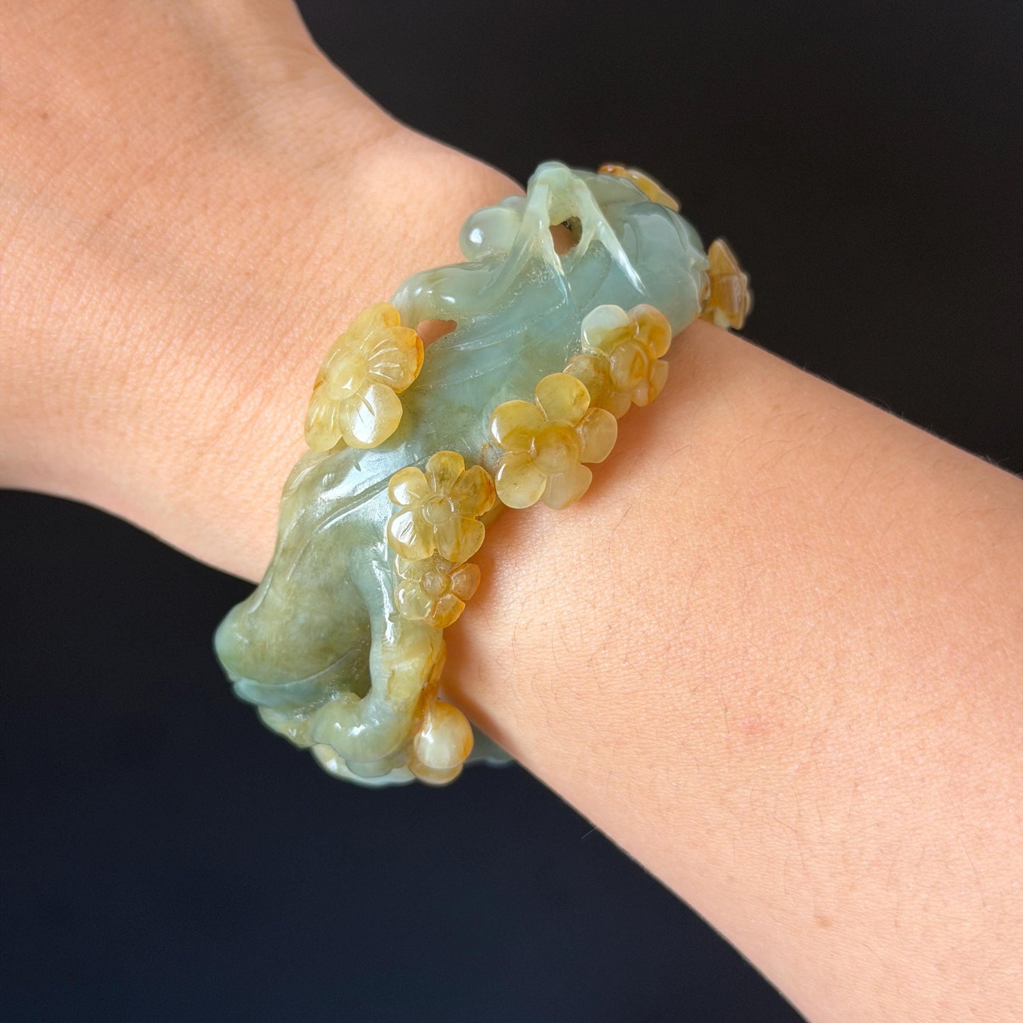 54.1mm Xiu Jade Serpentine Hand Carved Plum Blossom Flower Bangle: Natural Yellow Green Jade Handcrafted Bracelet, Hollow-out style 3D Stone Carving Gemstone Jewelry  Gift for her wide jade bangle jade carving hand engraved stone carving natural untreated jade bracelet green jade yellow jade multicolour jade handcraft jade flower carving floral bracelet chinese jade vintage bangle antique bracelet