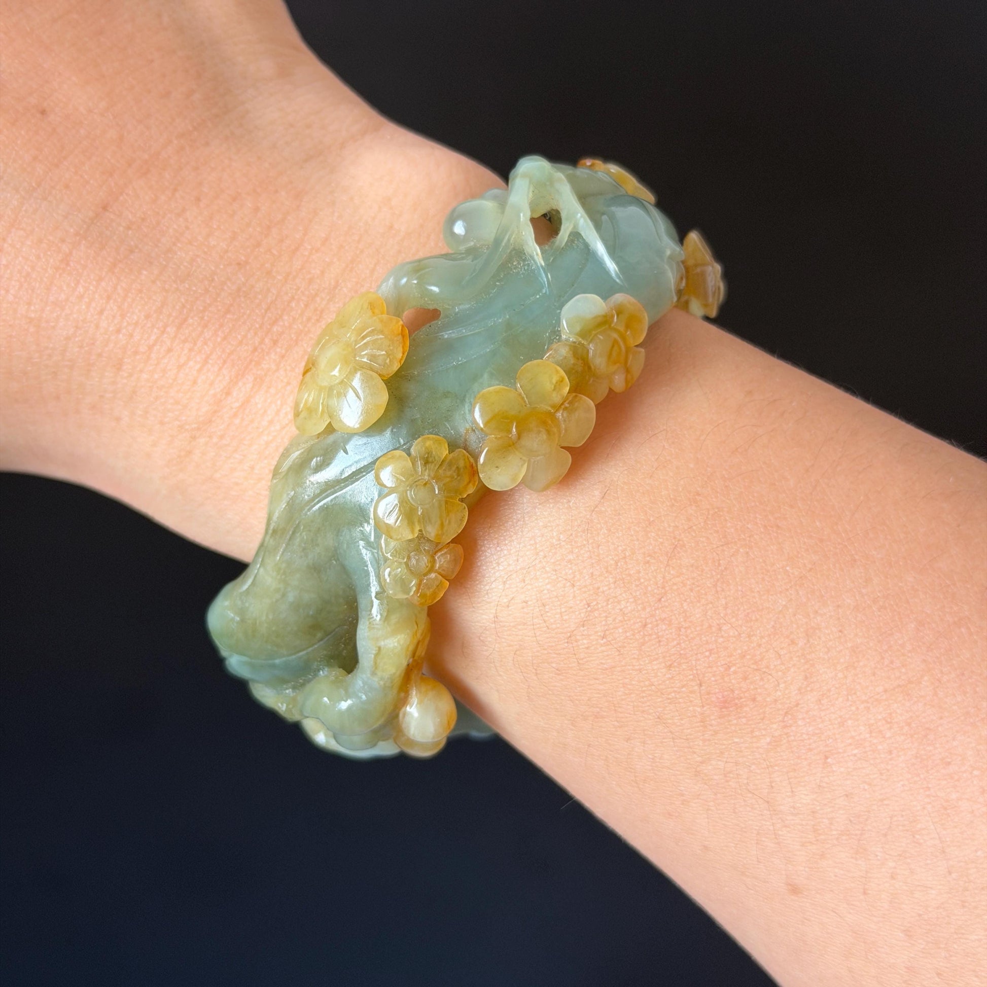 54.1mm Xiu Jade Serpentine Hand Carved Plum Blossom Flower Bangle: Natural Yellow Green Jade Handcrafted Bracelet, Hollow-out style 3D Stone Carving Gemstone Jewelry  Gift for her wide jade bangle jade carving hand engraved stone carving natural untreated jade bracelet green jade yellow jade multicolour jade handcraft jade flower carving floral bracelet chinese jade vintage bangle antique bracelet