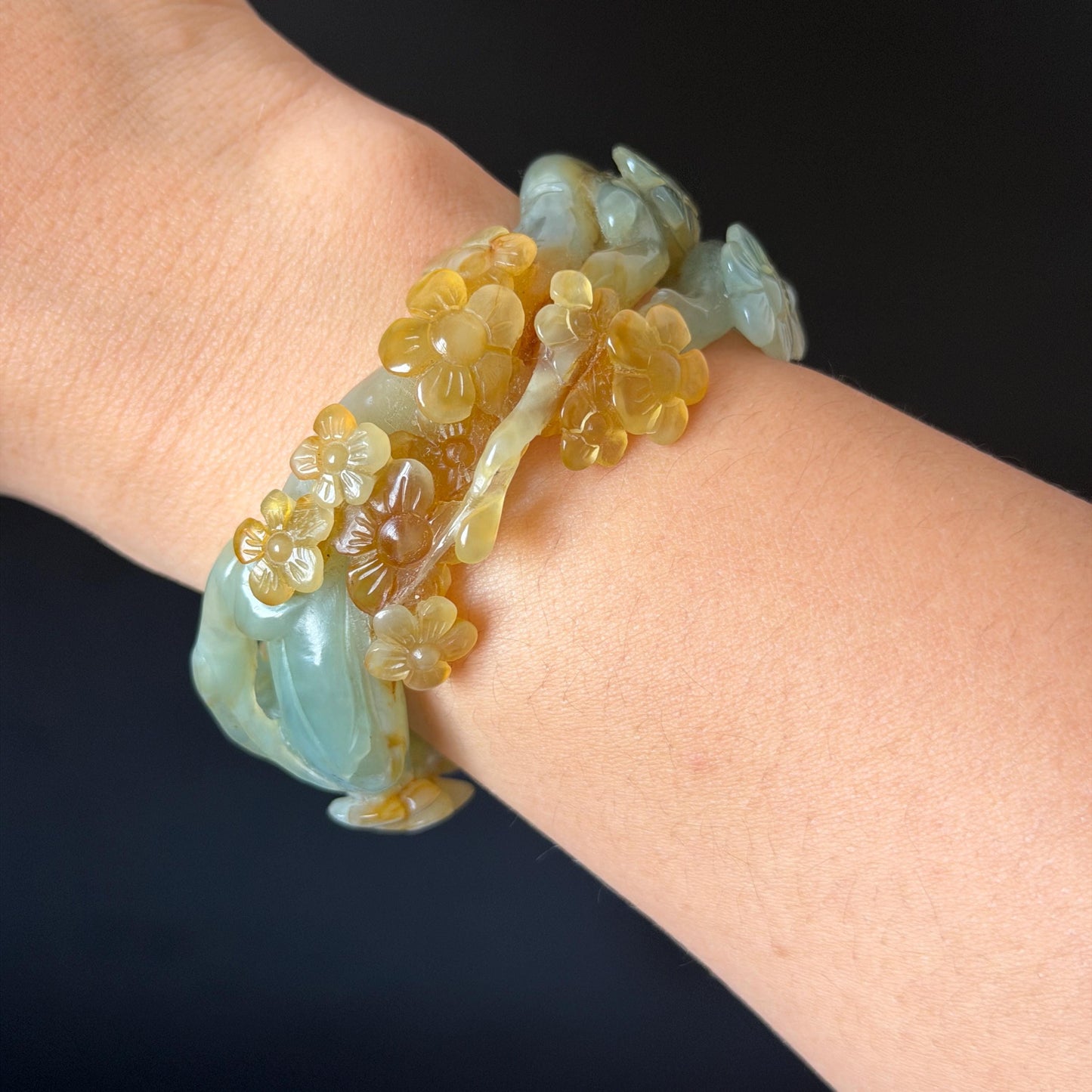 54.1mm Xiu Jade Serpentine Hand Carved Plum Blossom Flower Bangle: Natural Yellow Green Jade Handcrafted Bracelet, Hollow-out style 3D Stone Carving Gemstone Jewelry  Gift for her wide jade bangle jade carving hand engraved stone carving natural untreated jade bracelet green jade yellow jade multicolour jade handcraft jade flower carving floral bracelet chinese jade vintage bangle antique bracelet