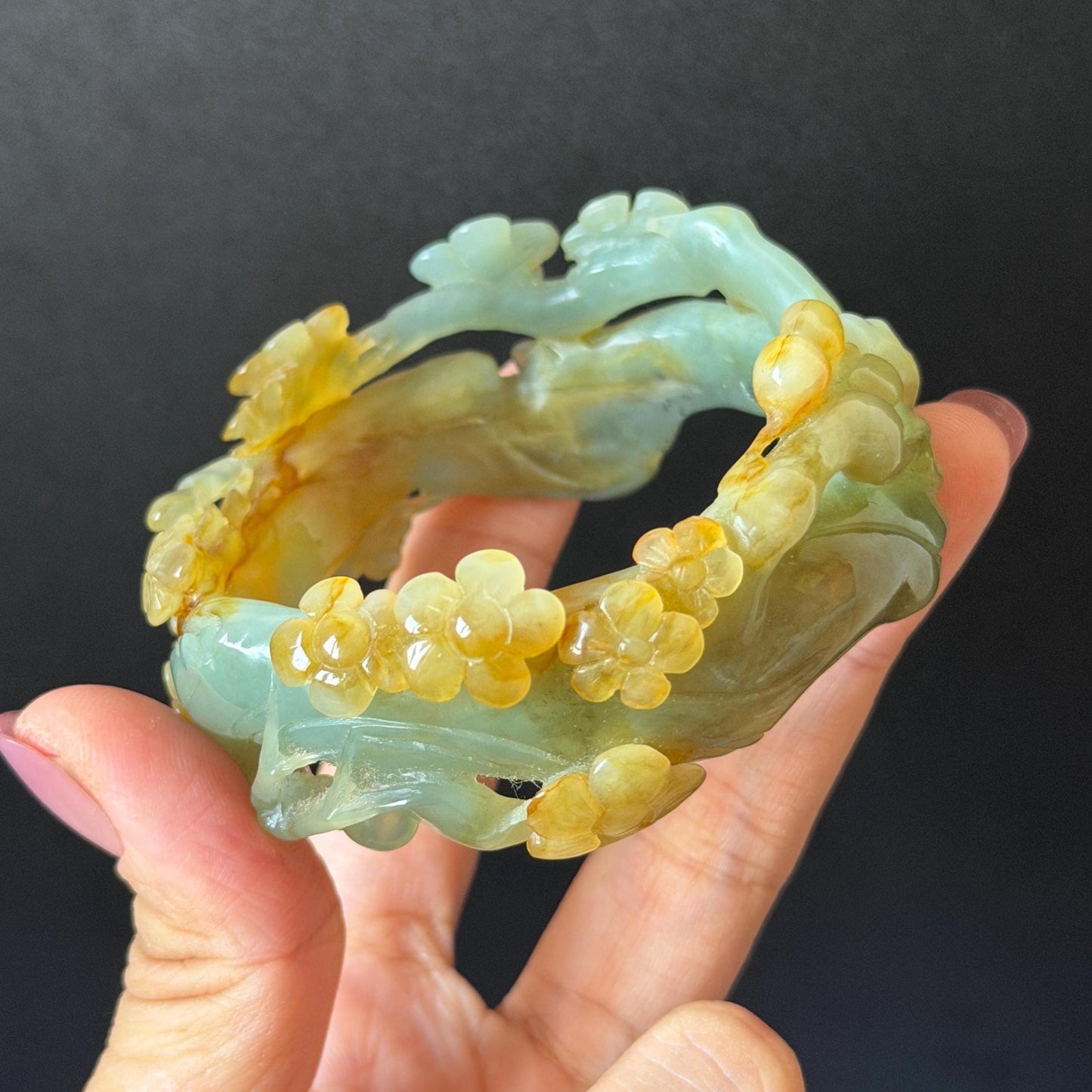 54.1mm Xiu Jade Serpentine Hand Carved Plum Blossom Flower Bangle: Natural Yellow Green Jade Handcrafted Bracelet, Hollow-out style 3D Stone Carving Gemstone Jewelry  Gift for her wide jade bangle jade carving hand engraved stone carving natural untreated jade bracelet green jade yellow jade multicolour jade handcraft jade flower carving floral bracelet chinese jade vintage bangle antique bracelet