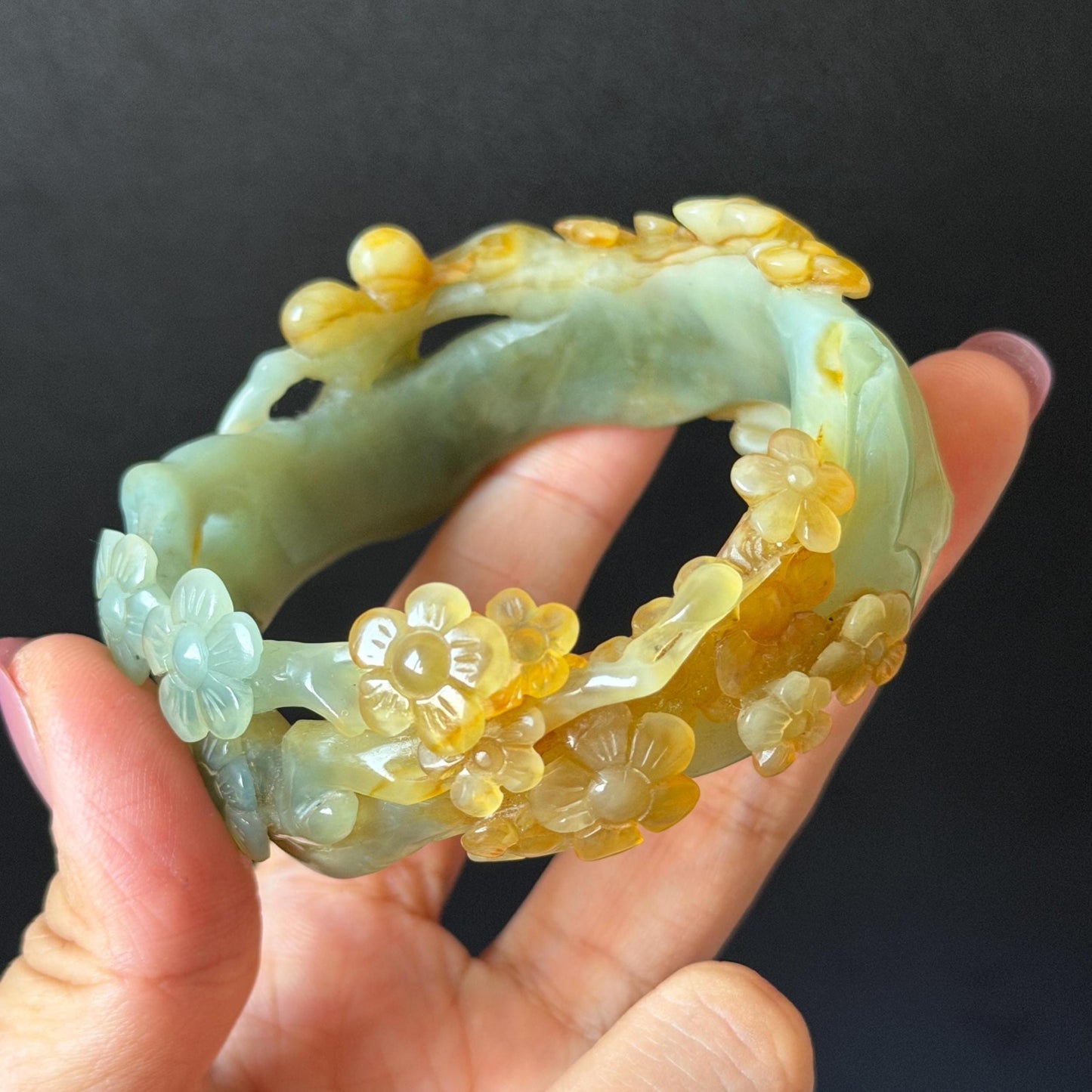 54.1mm Xiu Jade Serpentine Hand Carved Plum Blossom Flower Bangle: Natural Yellow Green Jade Handcrafted Bracelet, Hollow-out style 3D Stone Carving Gemstone Jewelry  Gift for her wide jade bangle jade carving hand engraved stone carving natural untreated jade bracelet green jade yellow jade multicolour jade handcraft jade flower carving floral bracelet chinese jade vintage bangle antique bracelet