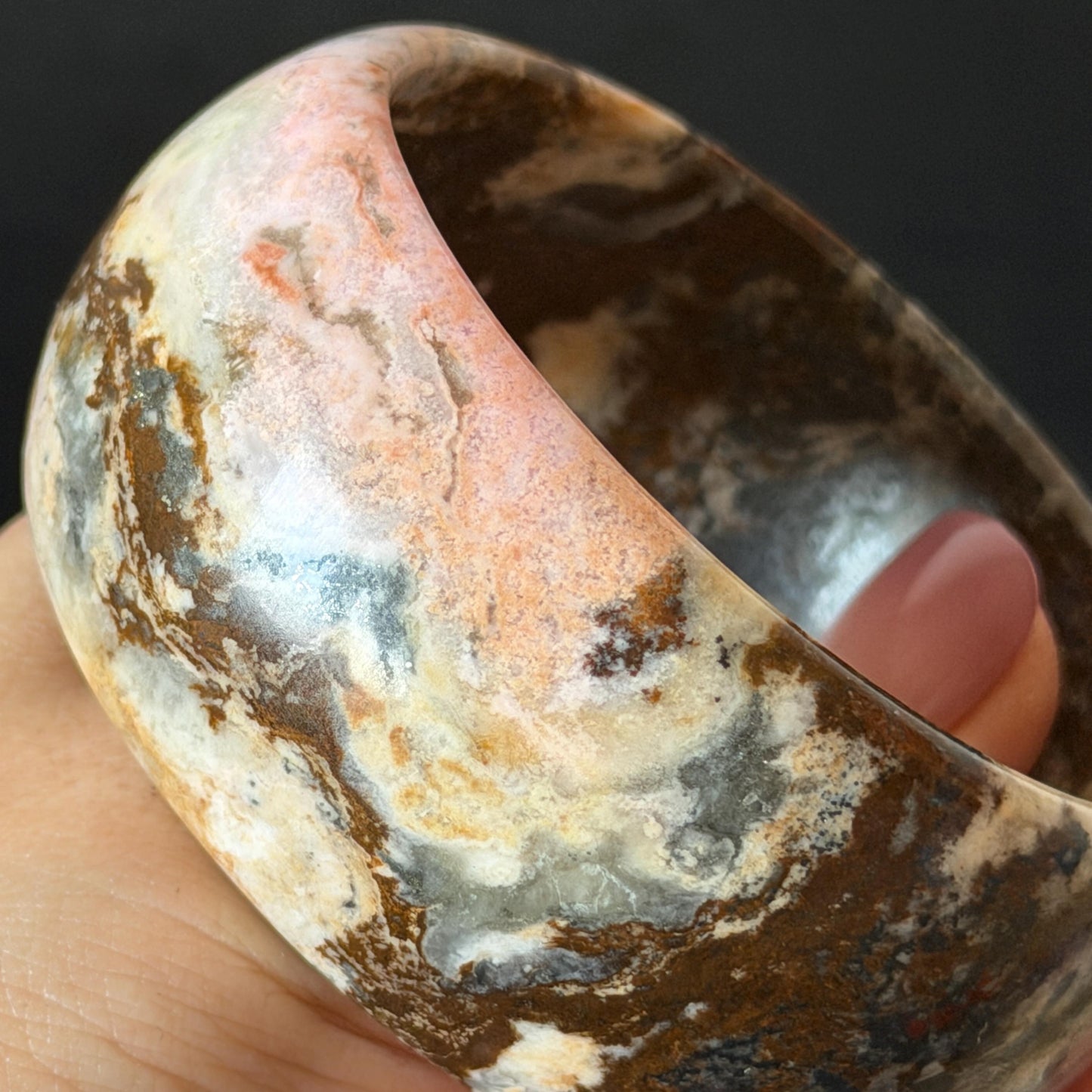 59.3mm Natural Untreated Rhodonite Crystal Bangle: Soaring Dragon Scenery Wide Bracelet, Pink & Brown Healing Stone Heart Chakra Crystal Gift for her rhodonite bangle pink rhodonite bracelet pink crystal bracelet pink stone bangle pink gemstone bracelet green crystal golden crystal wide bangle healing crystal love stone meditative crystal heart chakra crystal vintage bangle gemstone bangle dragon bangle dragon bracelet brown bangle dragon crystal dragon lover gift women bangle leopard print