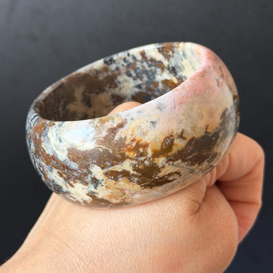 59.3mm Natural Untreated Rhodonite Crystal Bangle: Soaring Dragon Scenery Wide Bracelet, Pink & Brown Healing Stone Heart Chakra Crystal Gift for her rhodonite bangle pink rhodonite bracelet pink crystal bracelet pink stone bangle pink gemstone bracelet green crystal golden crystal wide bangle healing crystal love stone meditative crystal heart chakra crystal vintage bangle gemstone bangle dragon bangle dragon bracelet brown bangle dragon crystal dragon lover gift women bangle leopard print