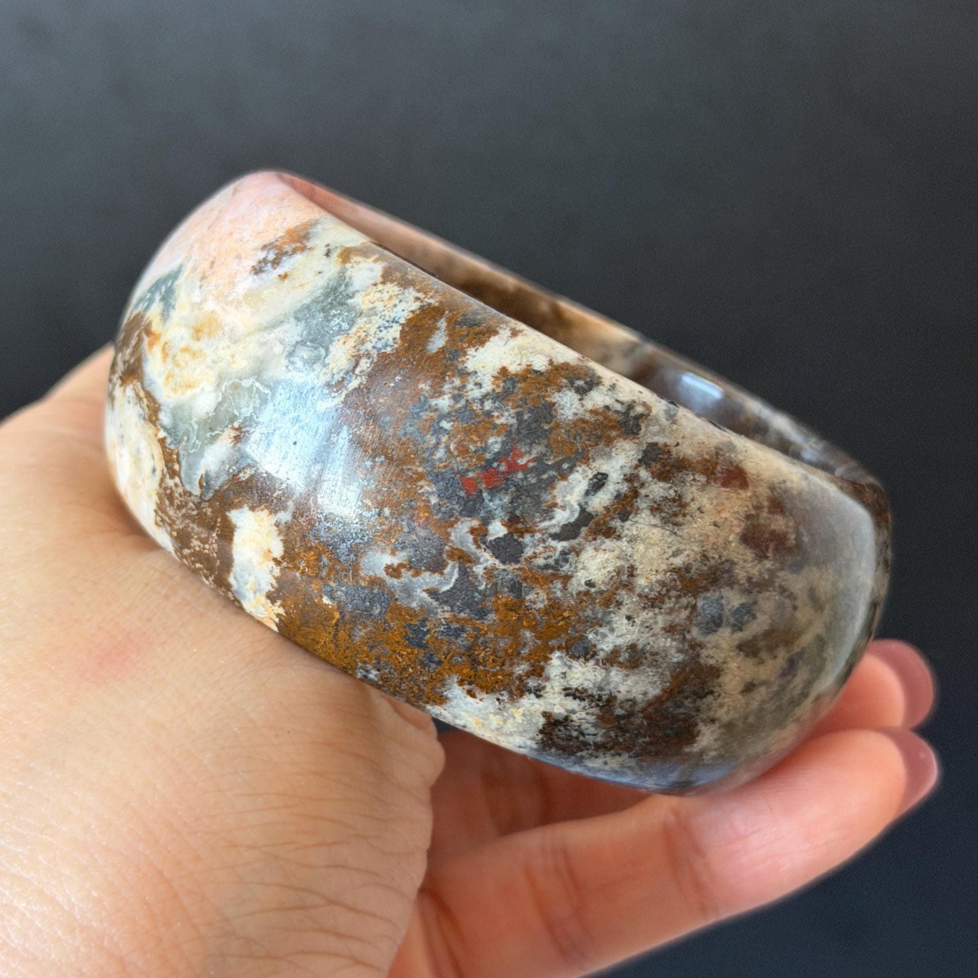 59.3mm Natural Untreated Rhodonite Crystal Bangle: Soaring Dragon Scenery Wide Bracelet, Pink & Brown Healing Stone Heart Chakra Crystal Gift for her rhodonite bangle pink rhodonite bracelet pink crystal bracelet pink stone bangle pink gemstone bracelet green crystal golden crystal wide bangle healing crystal love stone meditative crystal heart chakra crystal vintage bangle gemstone bangle dragon bangle dragon bracelet brown bangle dragon crystal dragon lover gift women bangle leopard print