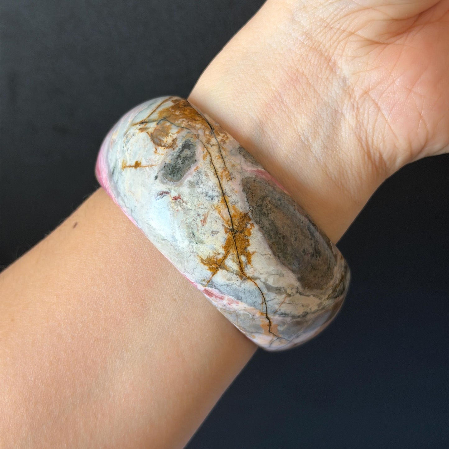 60.3mm Rhodonite Stone Crystal Bangle: Golden Plum Blossom Scenery Bracelet | Golden Maple | Natural Gold Yellow & Baby Pink | Heart Chakra Healing Stone Gift for her rhodonite bangle pink rhodonite bracelet pink crystal bracelet pink stone bangle pink gemstone bracelet golden crystal wide bangle healing crystal love stone meditative crystal heart chakra crystal vintage bangle gemstone bangle dragon bangle dragon bracelet brown bangle flower crystal flower lover gift women bangle