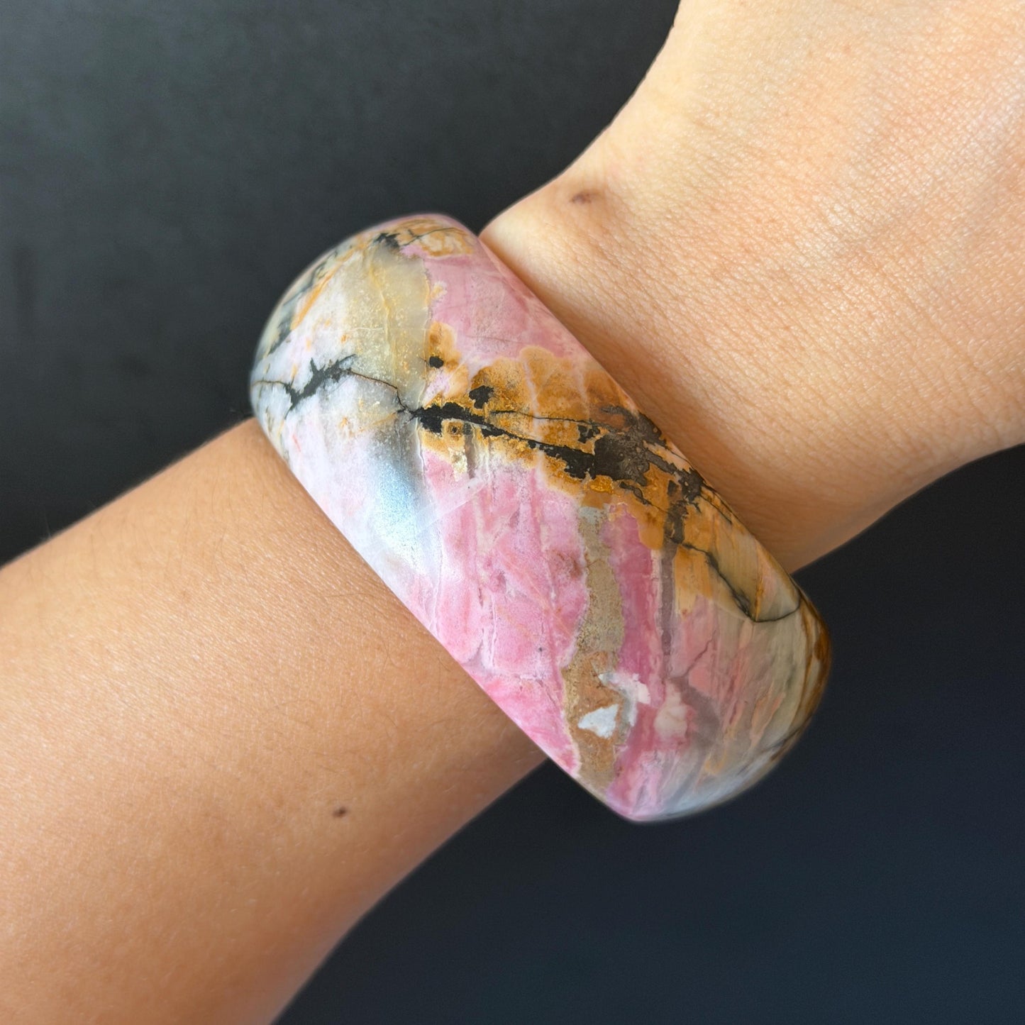 60.3mm Rhodonite Stone Crystal Bangle: Golden Plum Blossom Scenery Bracelet | Golden Maple | Natural Gold Yellow & Baby Pink | Heart Chakra Healing Stone Gift for her rhodonite bangle pink rhodonite bracelet pink crystal bracelet pink stone bangle pink gemstone bracelet golden crystal wide bangle healing crystal love stone meditative crystal heart chakra crystal vintage bangle gemstone bangle dragon bangle dragon bracelet brown bangle flower crystal flower lover gift women bangle