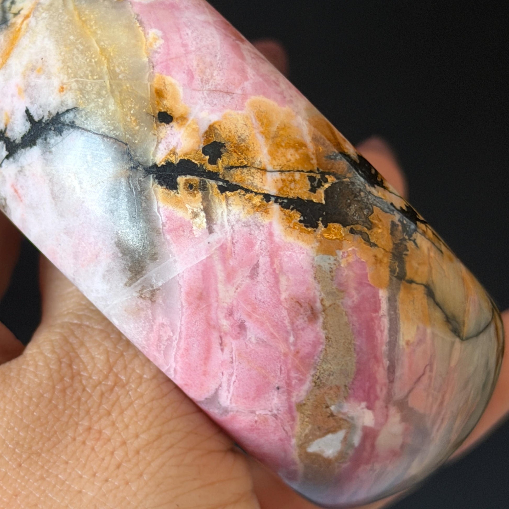 60.3mm Rhodonite Stone Crystal Bangle: Golden Plum Blossom Scenery Bracelet | Golden Maple | Natural Gold Yellow & Baby Pink | Heart Chakra Healing Stone Gift for her rhodonite bangle pink rhodonite bracelet pink crystal bracelet pink stone bangle pink gemstone bracelet golden crystal wide bangle healing crystal love stone meditative crystal heart chakra crystal vintage bangle gemstone bangle dragon bangle dragon bracelet brown bangle flower crystal flower lover gift women bangle