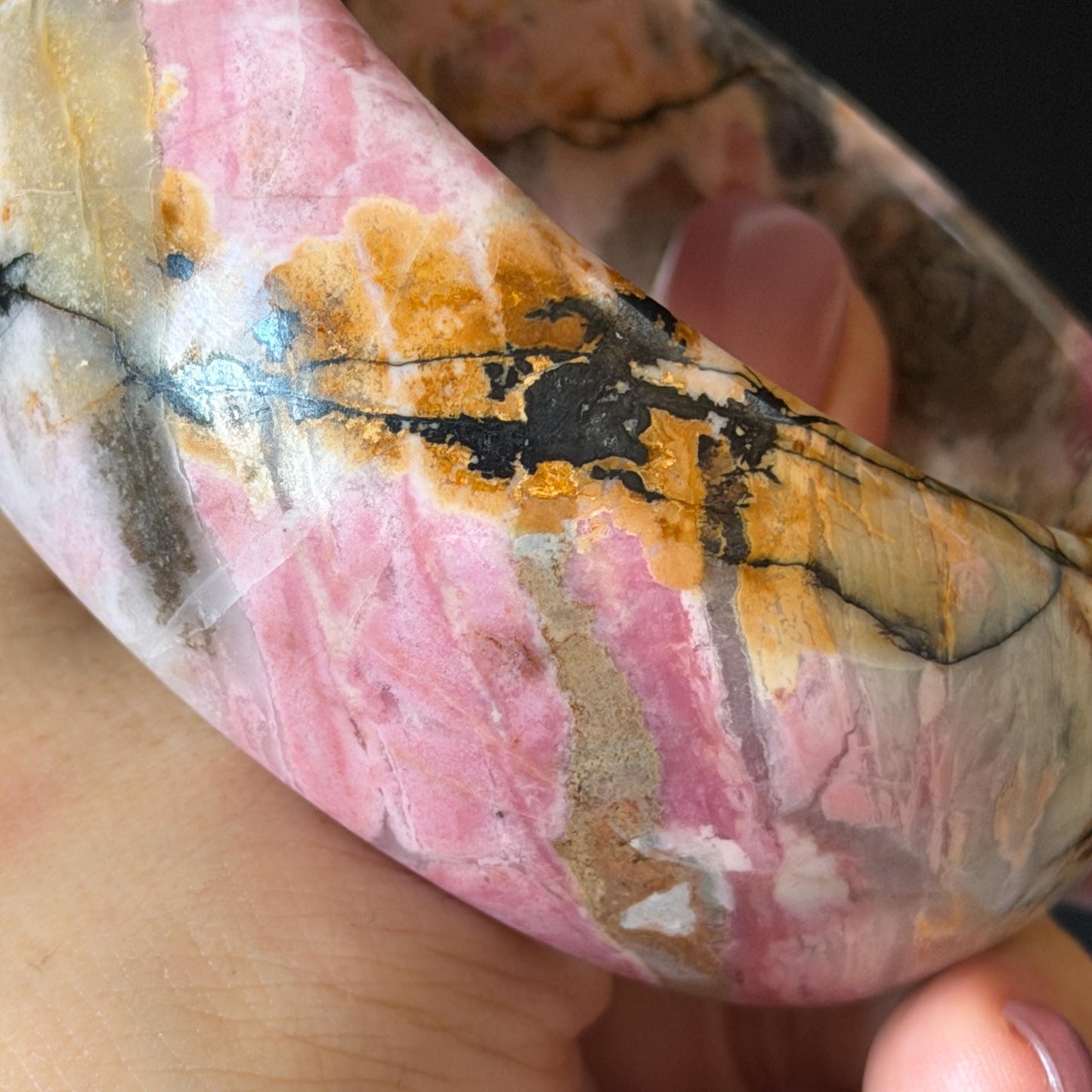60.3mm Rhodonite Stone Crystal Bangle: Golden Plum Blossom Scenery Bracelet | Golden Maple | Natural Gold Yellow & Baby Pink | Heart Chakra Healing Stone Gift for her rhodonite bangle pink rhodonite bracelet pink crystal bracelet pink stone bangle pink gemstone bracelet golden crystal wide bangle healing crystal love stone meditative crystal heart chakra crystal vintage bangle gemstone bangle dragon bangle dragon bracelet brown bangle flower crystal flower lover gift women bangle