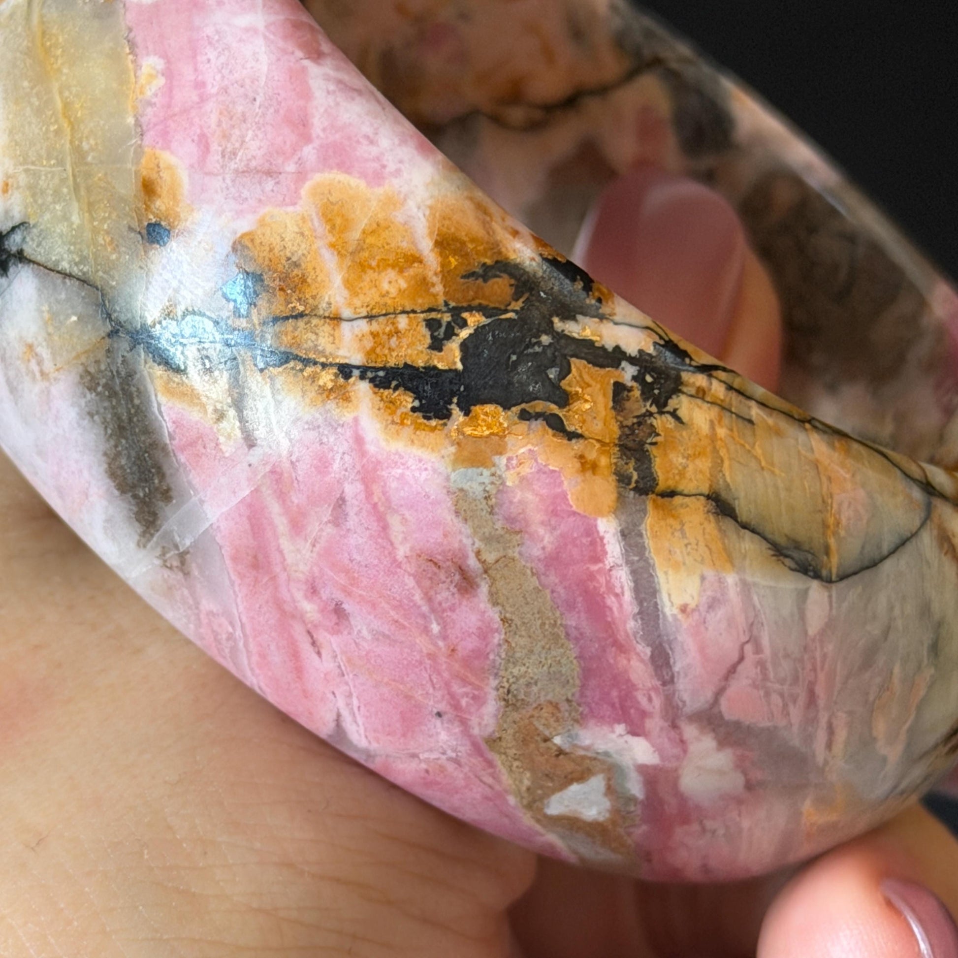 60.3mm Rhodonite Stone Crystal Bangle: Golden Plum Blossom Scenery Bracelet | Golden Maple | Natural Gold Yellow & Baby Pink | Heart Chakra Healing Stone Gift for her rhodonite bangle pink rhodonite bracelet pink crystal bracelet pink stone bangle pink gemstone bracelet golden crystal wide bangle healing crystal love stone meditative crystal heart chakra crystal vintage bangle gemstone bangle dragon bangle dragon bracelet brown bangle flower crystal flower lover gift women bangle