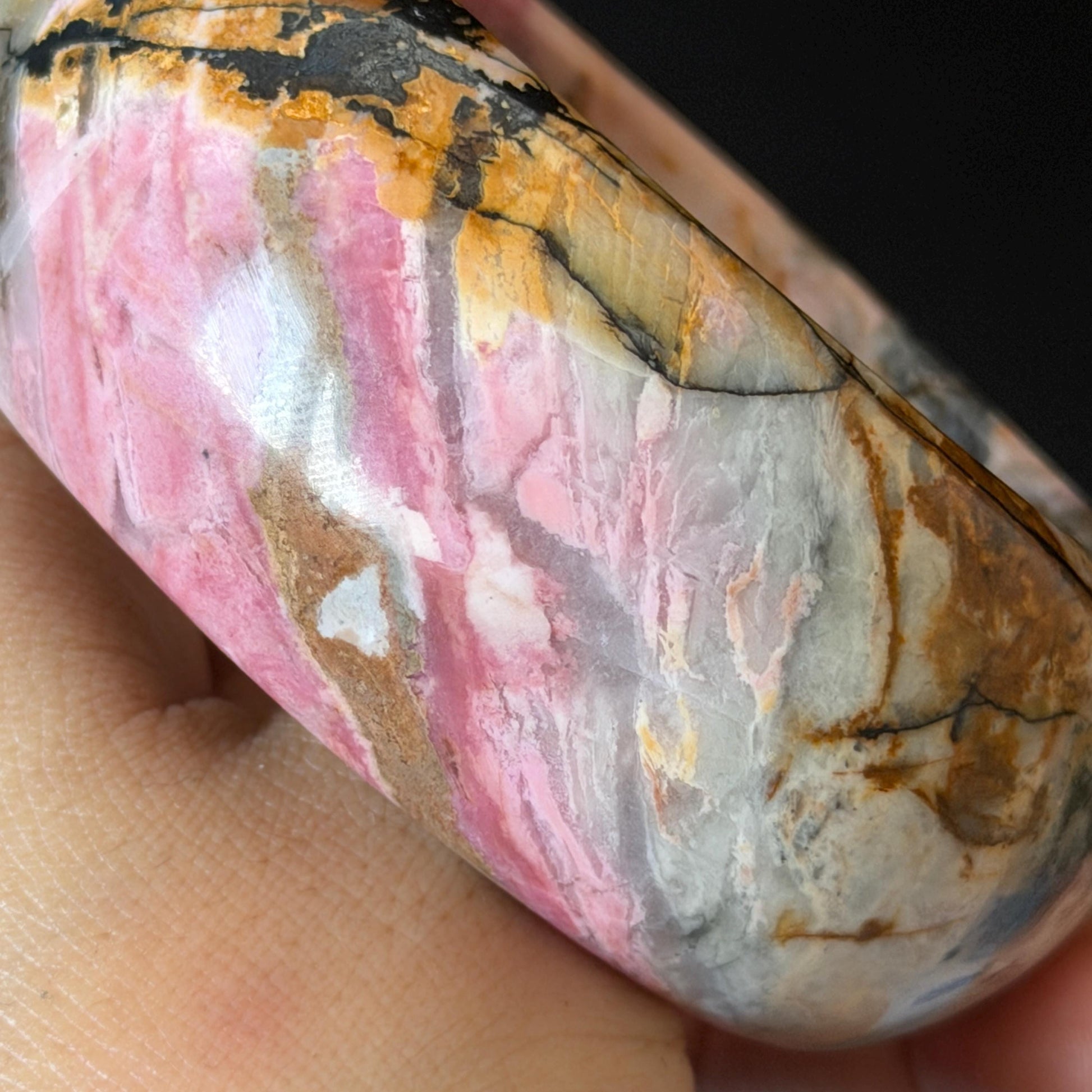 60.3mm Rhodonite Stone Crystal Bangle: Golden Plum Blossom Scenery Bracelet | Golden Maple | Natural Gold Yellow & Baby Pink | Heart Chakra Healing Stone Gift for her rhodonite bangle pink rhodonite bracelet pink crystal bracelet pink stone bangle pink gemstone bracelet golden crystal wide bangle healing crystal love stone meditative crystal heart chakra crystal vintage bangle gemstone bangle dragon bangle dragon bracelet brown bangle flower crystal flower lover gift women bangle