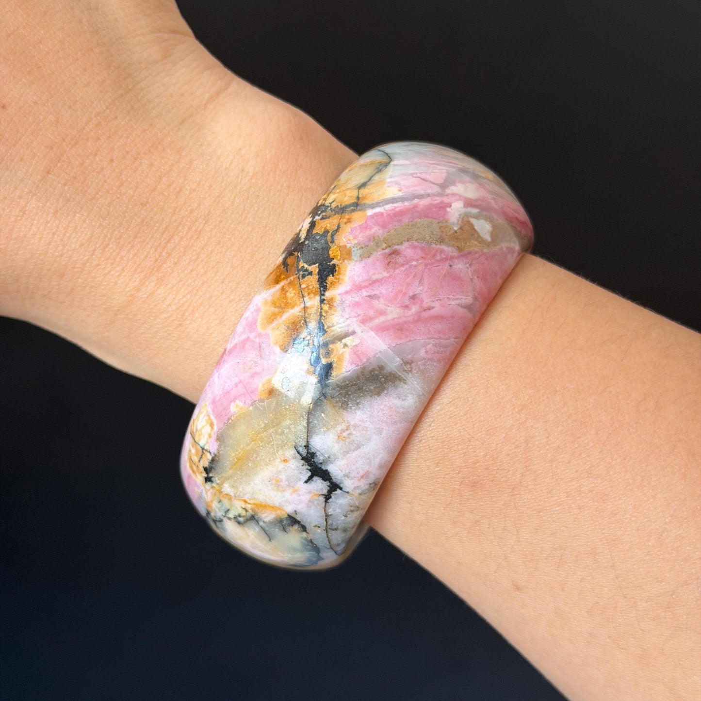 60.3mm Rhodonite Stone Crystal Bangle: Golden Plum Blossom Scenery Bracelet | Golden Maple | Natural Gold Yellow & Baby Pink | Heart Chakra Healing Stone Gift for her rhodonite bangle pink rhodonite bracelet pink crystal bracelet pink stone bangle pink gemstone bracelet golden crystal wide bangle healing crystal love stone meditative crystal heart chakra crystal vintage bangle gemstone bangle dragon bangle dragon bracelet brown bangle flower crystal flower lover gift women bangle
