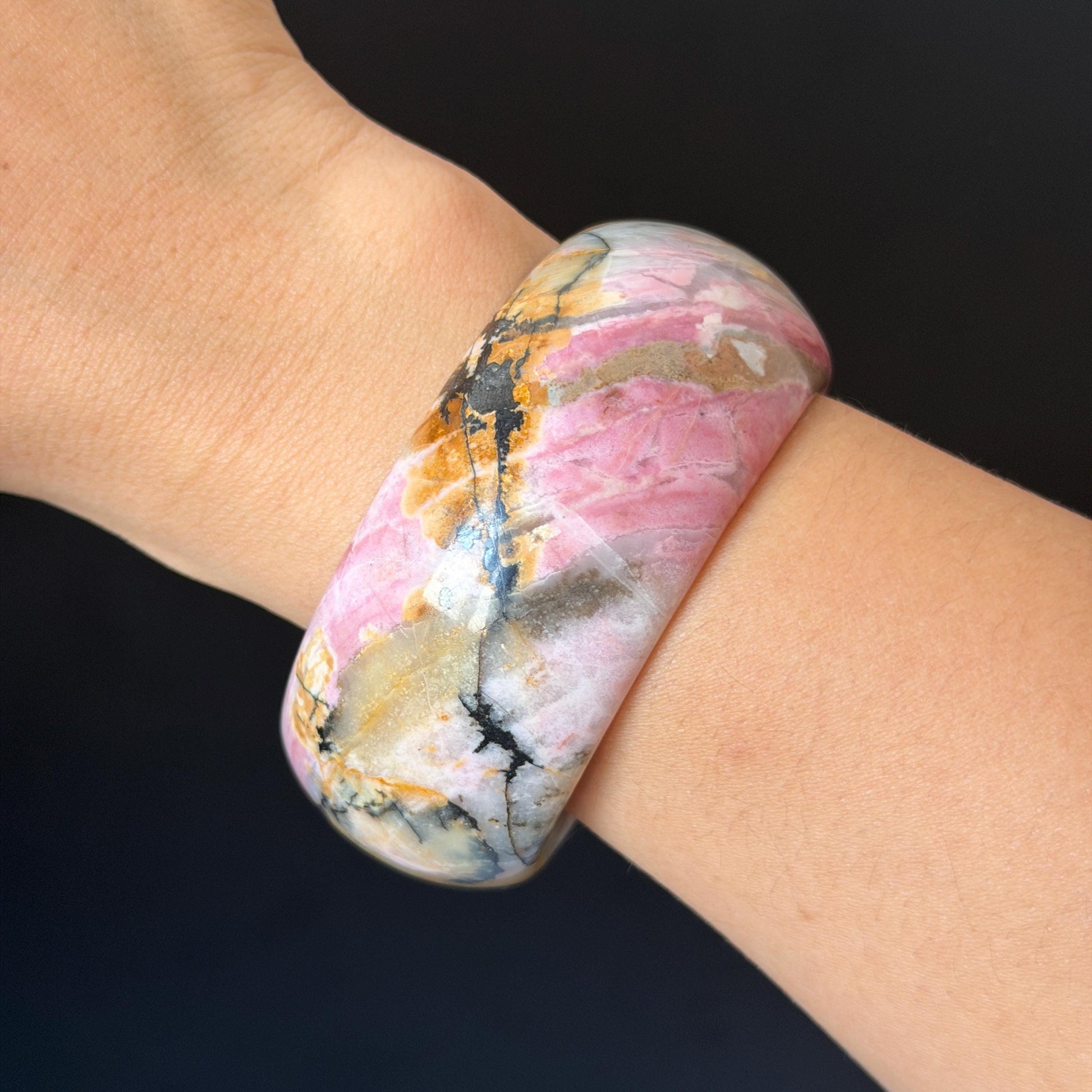 60.3mm Rhodonite Stone Crystal Bangle: Golden Plum Blossom Scenery Bracelet | Golden Maple | Natural Gold Yellow & Baby Pink | Heart Chakra Healing Stone Gift for her rhodonite bangle pink rhodonite bracelet pink crystal bracelet pink stone bangle pink gemstone bracelet golden crystal wide bangle healing crystal love stone meditative crystal heart chakra crystal vintage bangle gemstone bangle dragon bangle dragon bracelet brown bangle flower crystal flower lover gift women bangle